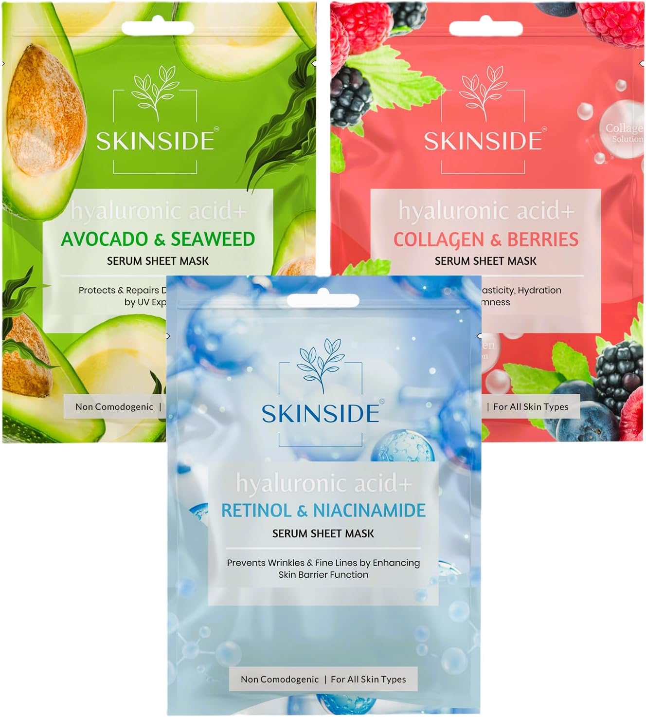 SkinSide Serum Sheet Mask for Glowing Skin with Hyaluronic Acid | Face Mask Sheets Combo for | Hydrating | Tan & Blackheads Removal | Instant Brightening | Pore Reduction | Fairness | Skin Tightening (3, Avocado & Sea Weed | Retinol & Niacinamide | Collagen & Berries)