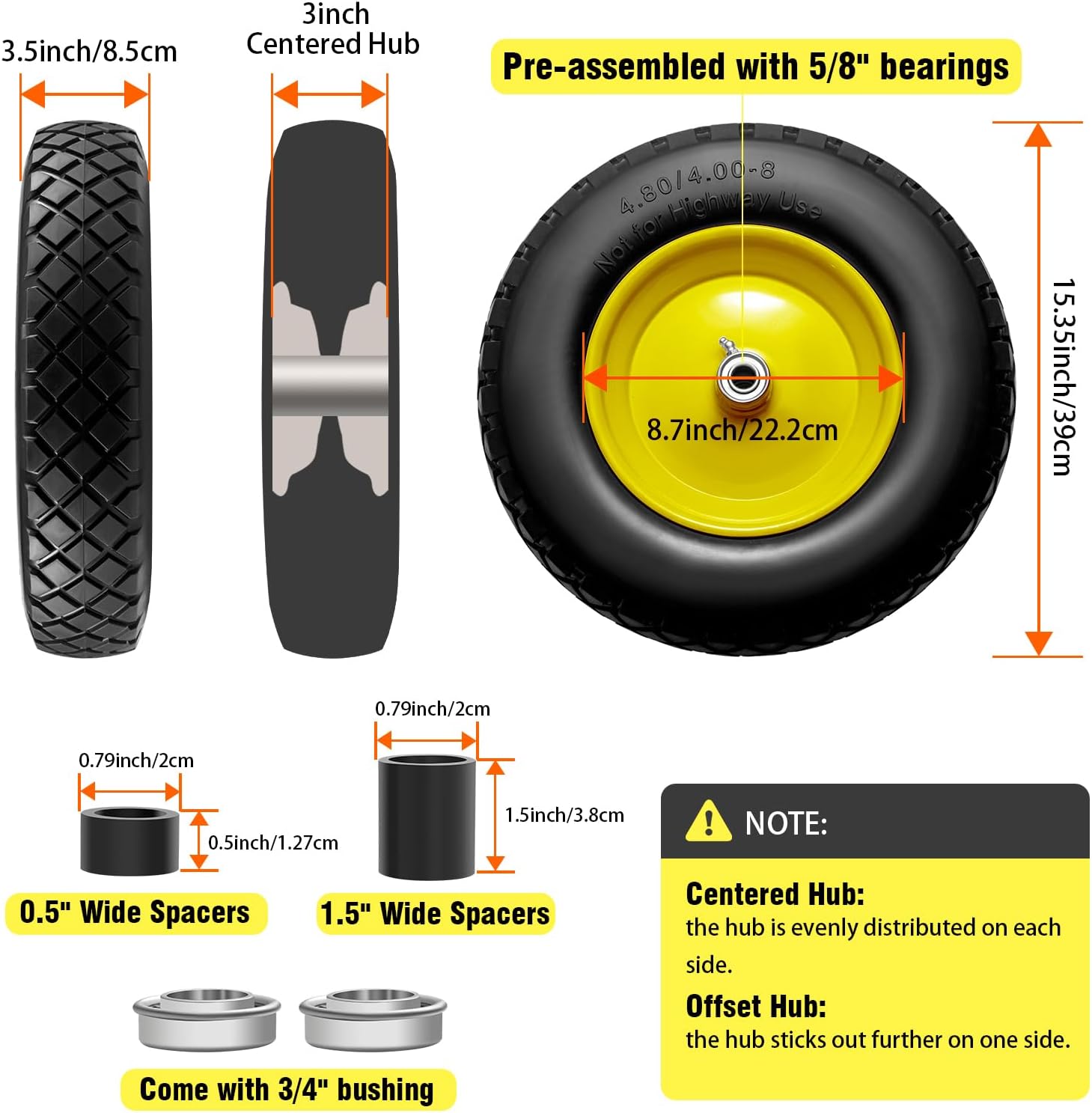 4.80/4.00-8" Tire and Wheel Flat Free 16", Solid Wheelbarrow Tire with 5/8" & 3/4" Bearings 3" Centered Hub, 14"-16" Universal Fit Wheelbarrow Tires for Hand Truck/Garden Trailer/Trolley/Wagon (2)