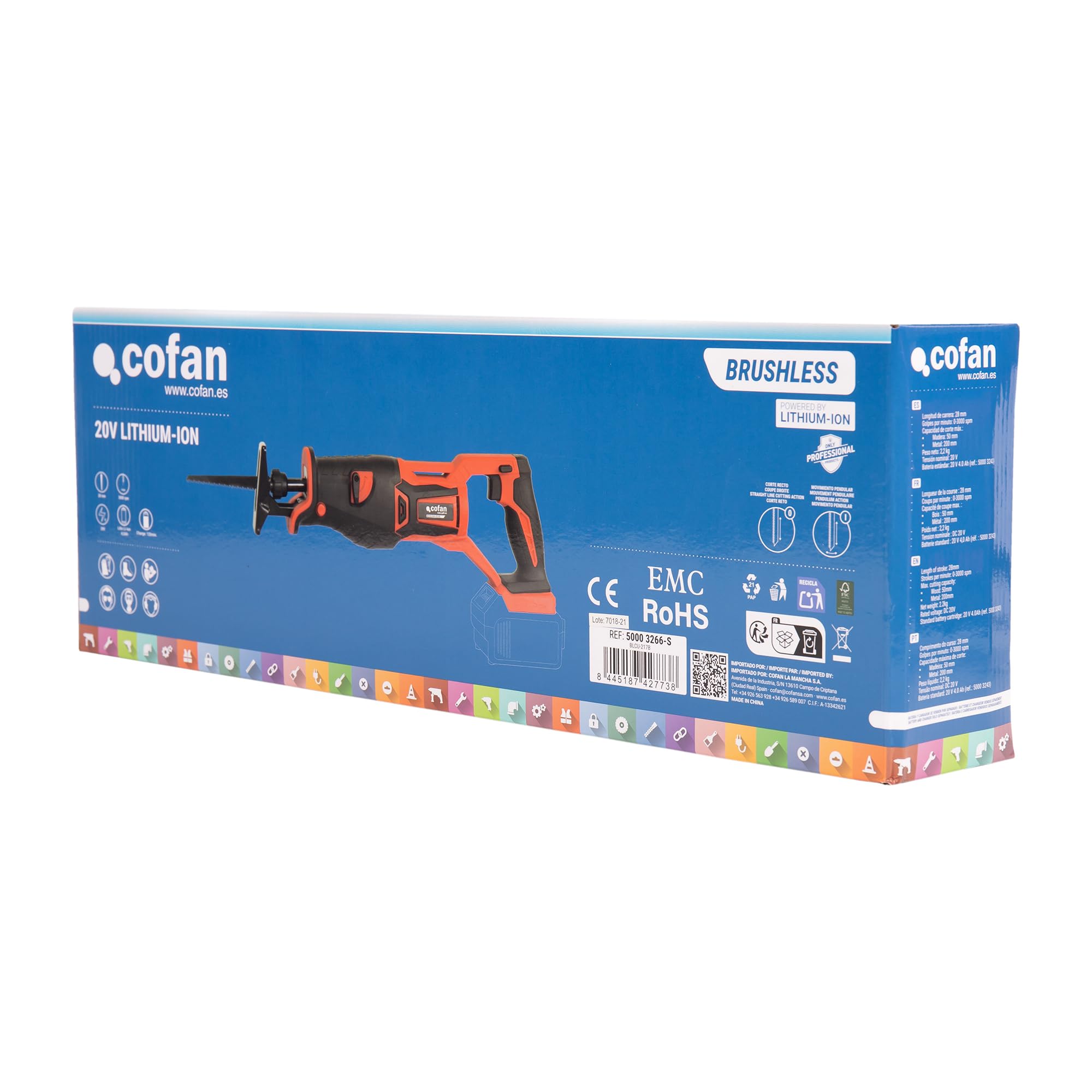 Cofan Sierra de sable a batería | Potencia: 20 V | Motor sin escobillas | Velocidad variable 0–3000 rpm | Corte 200 mm Madera / 50 mm Metal | Batería y cargador no incluidos