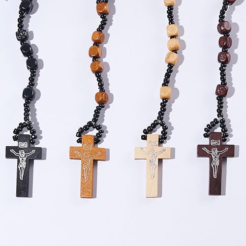 Miniatura 3 de Stuppendux Collar de rosario de cuentas de madera, cruz, crucifijo, oración católica, Jesús, para hombres y mujeres