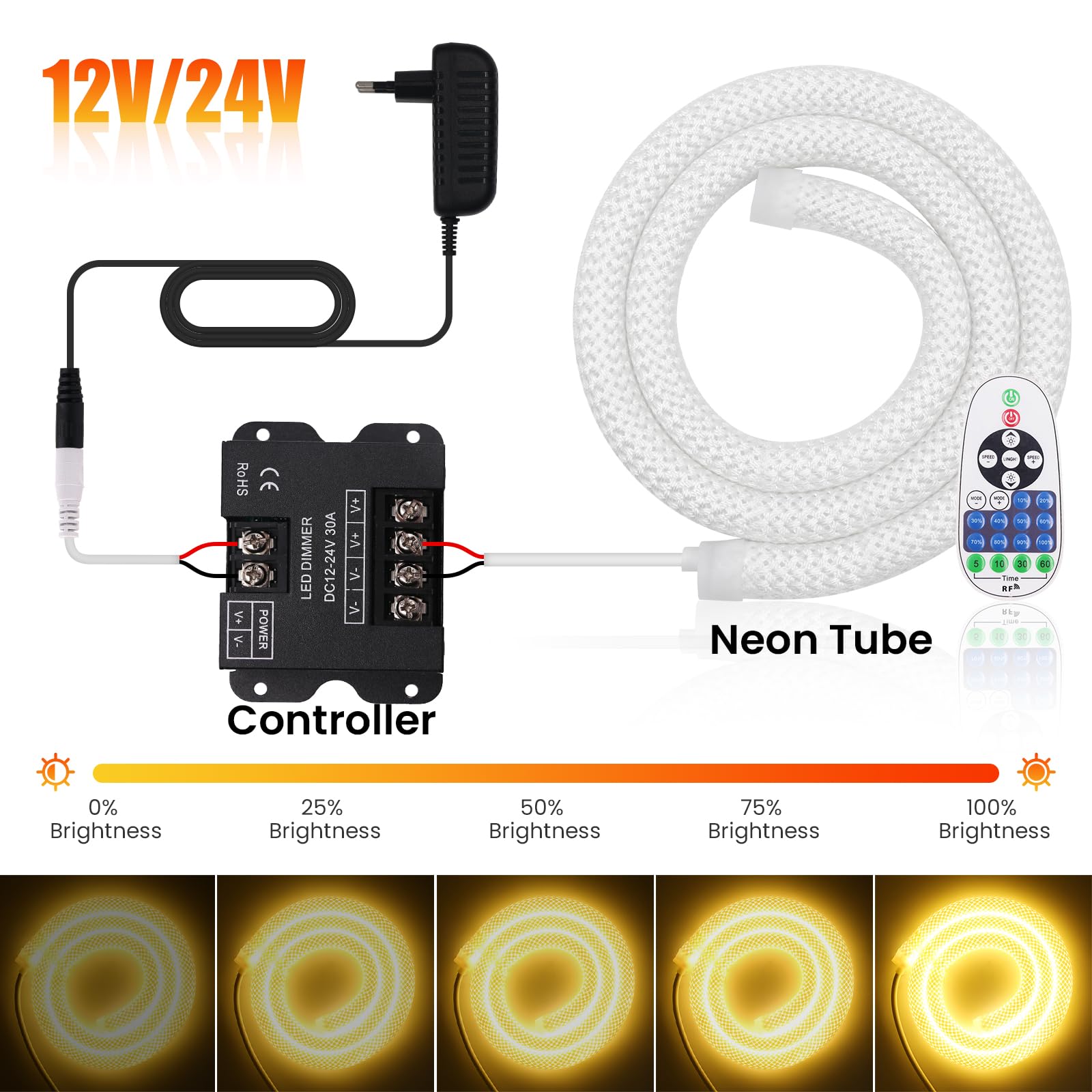 Dimmbare Neon LED Streifen 4M, 360° Rundes Maschenrohr Neon Band, SMD2835 240LEDs/m Warmweiß IP67 Wasserdichtes Schlauch Lichtband mit 24V 3A Adapter für Weihnachten, Innen/Außen Deko