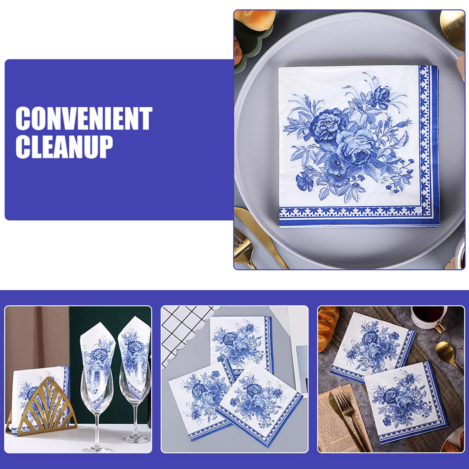 120 Unidades Servilletas Desechables Vintage de Papel Diseño Elegante Chinoiserie Azul, Resistentes al Desvanecimiento, Ideales para Reuniones Festivas y Uso de Invitados