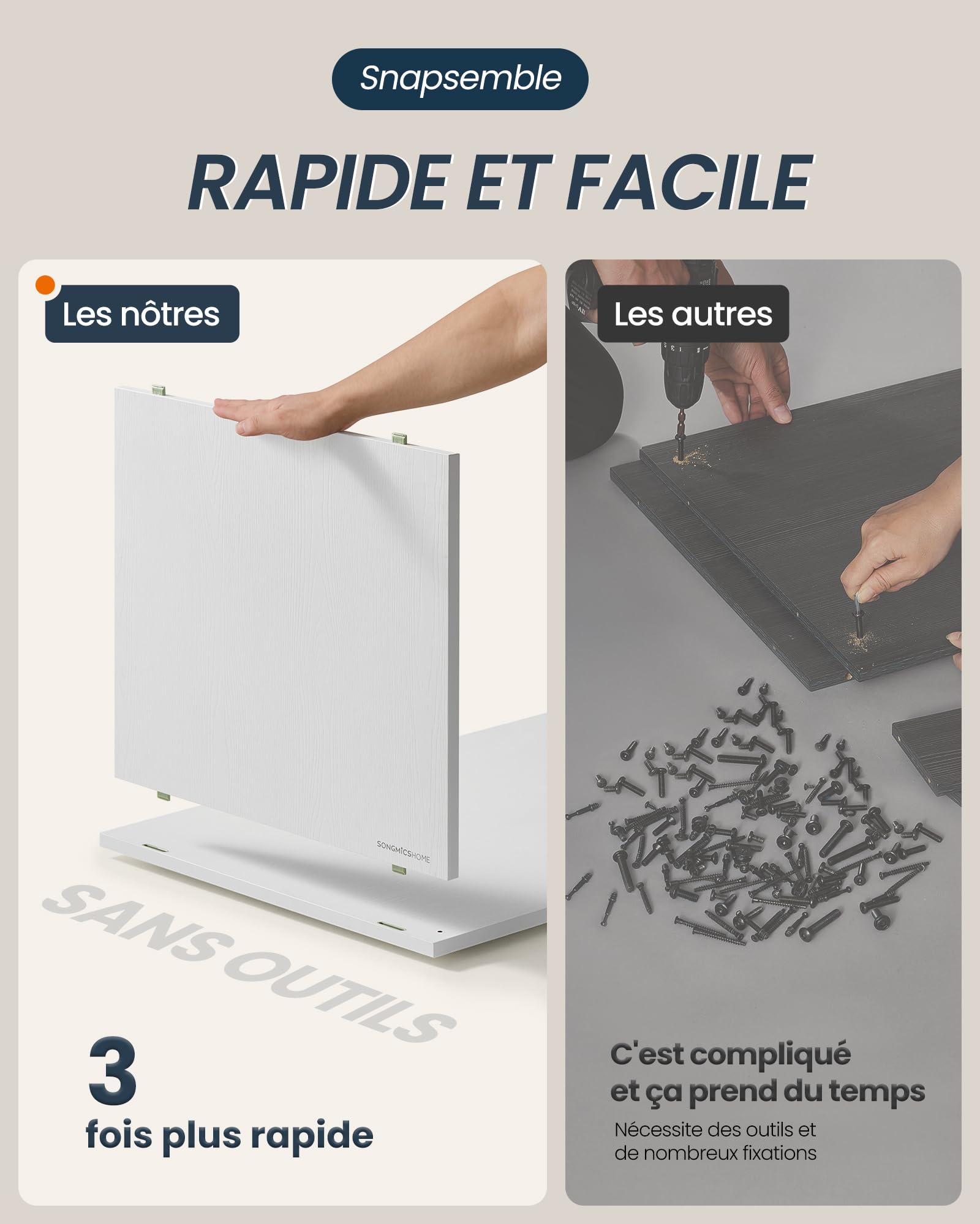 SONGMICS HOME Commode Chambre, Assemblage Rapide sans Outils Toolless, Coiffeuse, Meuble de Rangement, avec Étagère, Côte à Côte ou en L, pour Chambre, Bureau, Blanc Neige LTS656W01