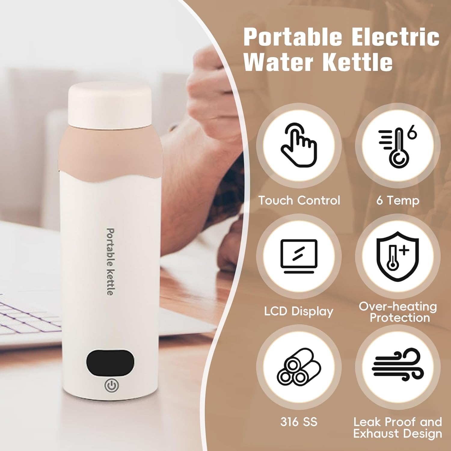 Portable Travel Electric Kettle 316 Stainless Small Water Boiler 450ml USB and Plug in Water Heater Steel