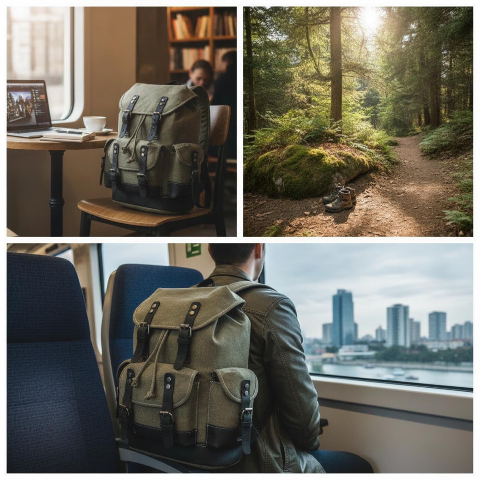 Zaino in Tela Robusto Zaino Vintage Multitasche Borsa con Coulisse per Pendolari, Viaggiatori, Tempo Libero, università, Array, Verde