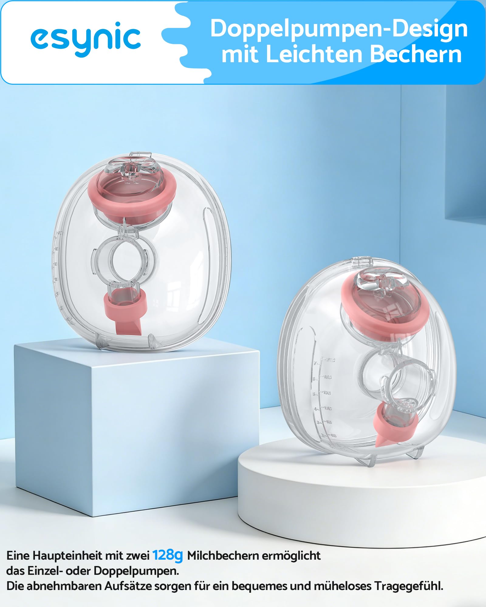 eSynic Tragbare Milchpumpe Elektrische Handsfree Brustpumpe mit Akku und leiser Funktion Doppelseitige Breast Pump mit 4 Modi und 15 Stufen Einfach zu Reinigen 210ml Kapazität Abpumpen für Mütter Rosa