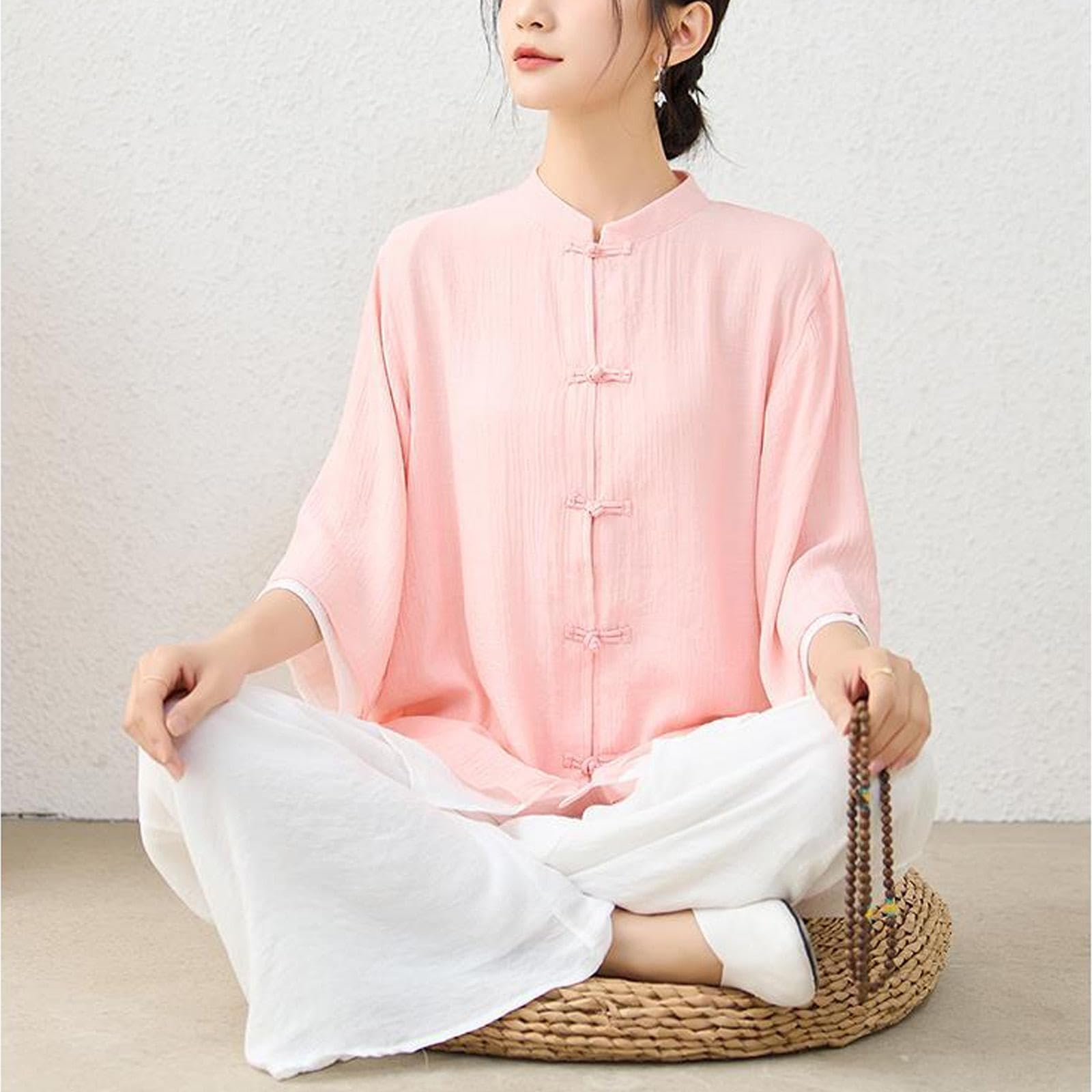 Tai Chi Kleidung Damen Seidenleinen Kung Fu Uniform Chinesischer Stil Zen Meditation Lässig Dreiviertelärmel Morgenübungen Outfit für Frauen,Pink-XL