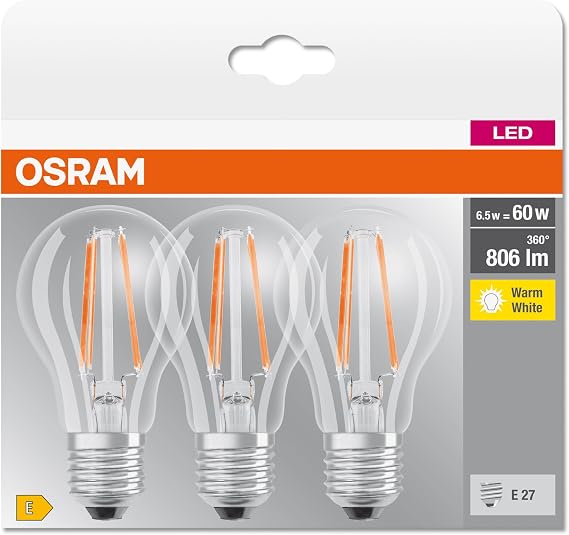 Osram Lamps LED Base Classic A Bulb in Bulb Shape with E27 Socket Not Dimmable Replaces 60 Watt Filament Style Clear Warm White - 2700 Kelvin Pack of 3 (Pack of 1)