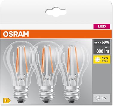 Osram Lamps LED Base Classic A Bulb in Bulb Shape with E27 Socket Not Dimmable Replaces 60 Watt Filament Style Clear Warm White - 2700 Kelvin Pack of 3 (Pack of 1)