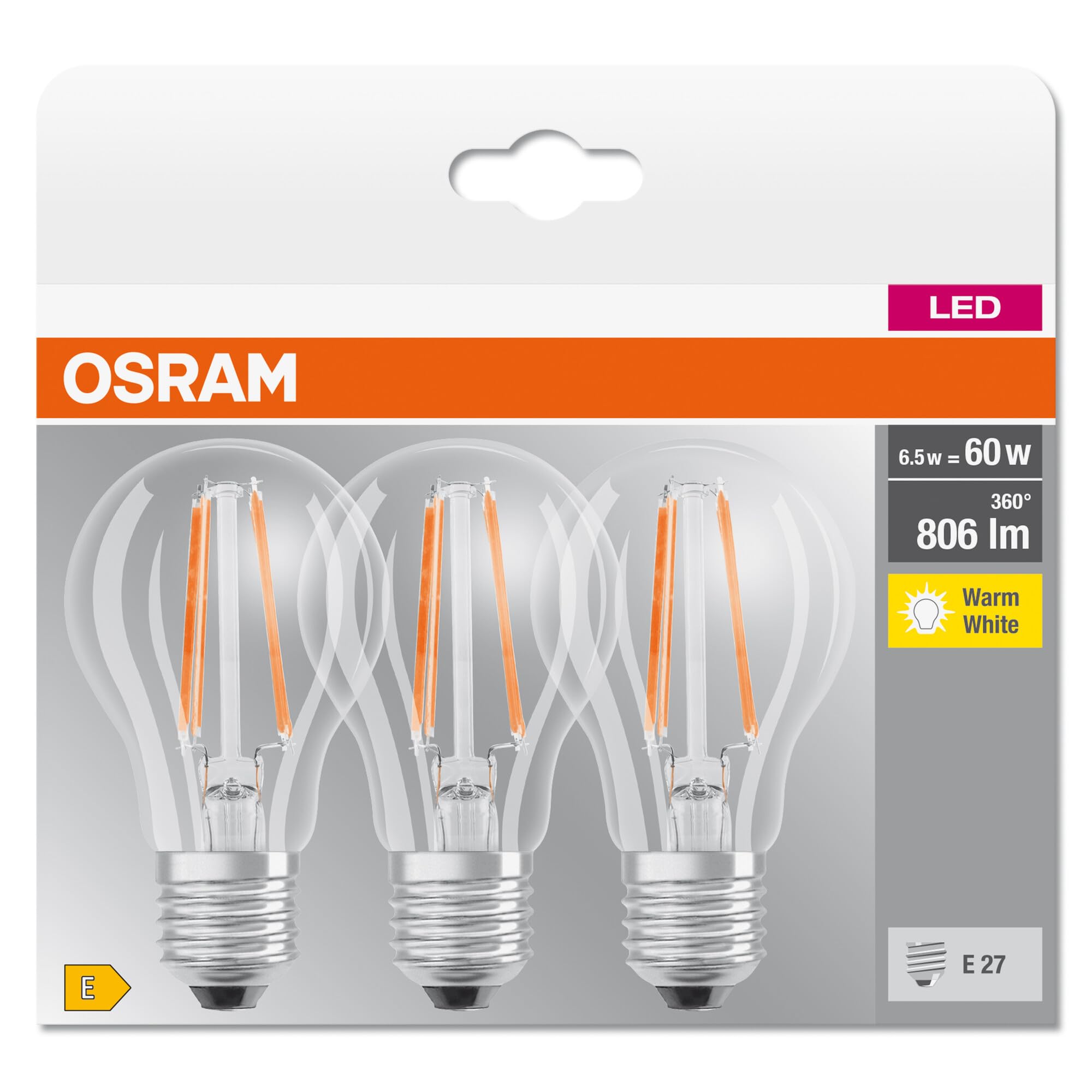 OSRAM Lampa LED | Trzonek: E27 | Ciepły biały | 2700 K | 7 W | przezroczysta | LED BASE CLASSIC A [Klasa efektywności energetycznej A++]