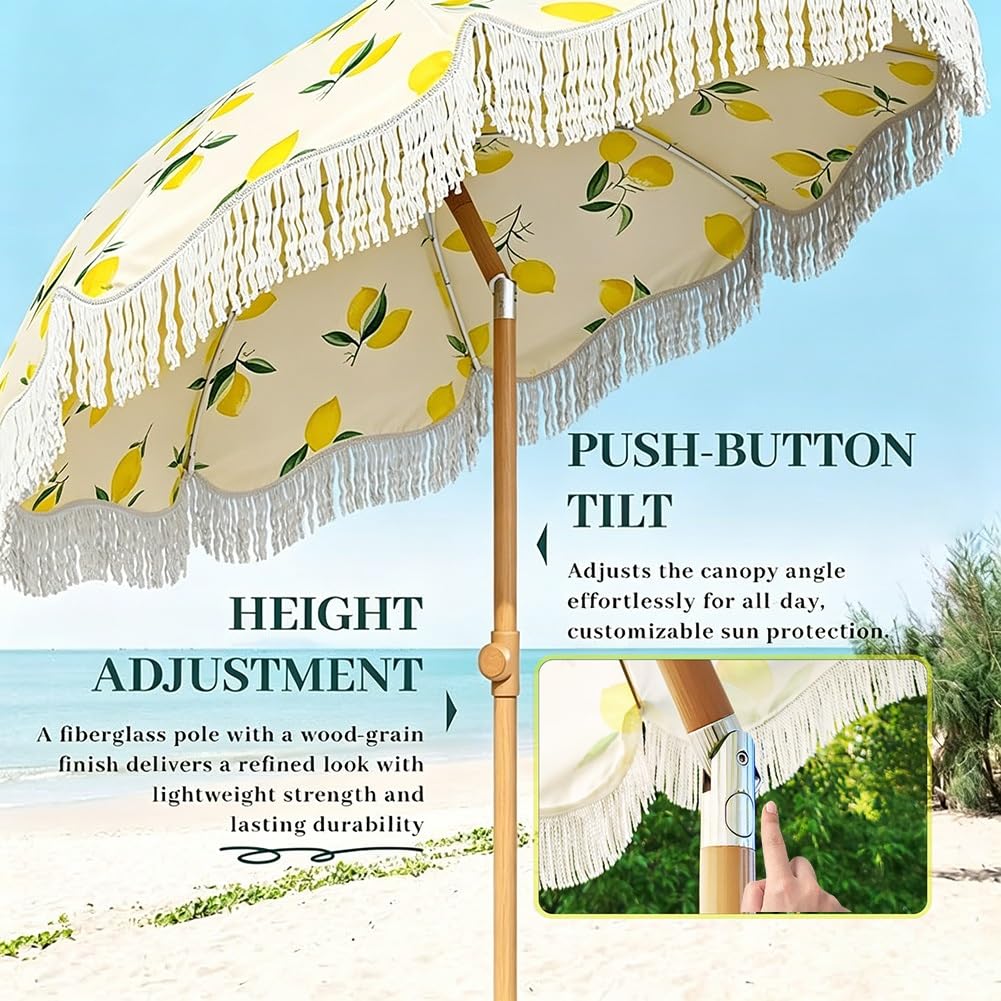 Sombrilla de Jardín de 200 Cm, Inclinable y con Borlas; Sombrilla de Playa con Estampado de Limones, Protección UPF 50+, para Patio o Piscina