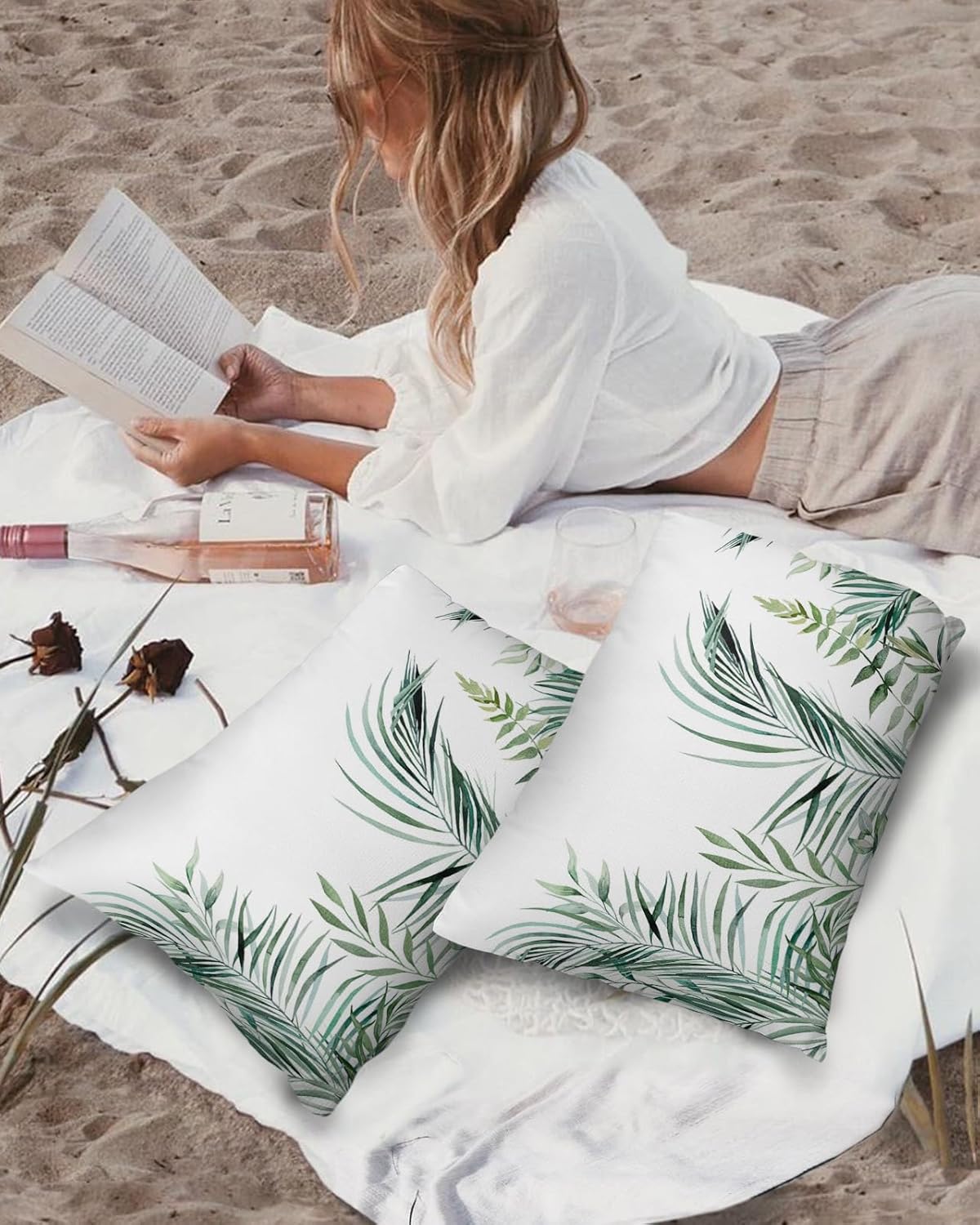 Outdoor Waterproof Throw Pillows Tropical Palm Leaves White Patio Pillows Pack of 2,Decorative Pillow Covers with Insert,Pillow Cushion Case for Garden Couch Sofa Pastoral Green Leaf Plant