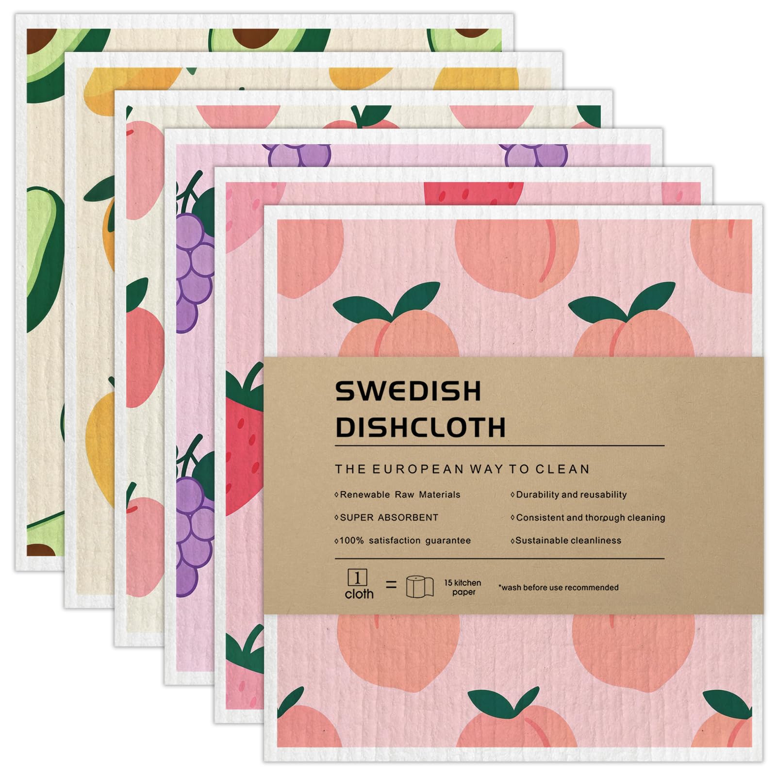 AlGuirnex Swedish Dishcloth 6 Pack - Super Absorbent Reusable Dish Cloths, Biodegradable Compostable Cleaning Cloth, Food-safe Plastic-free Dishcloths for Dishes, Surfaces (Fruit)
