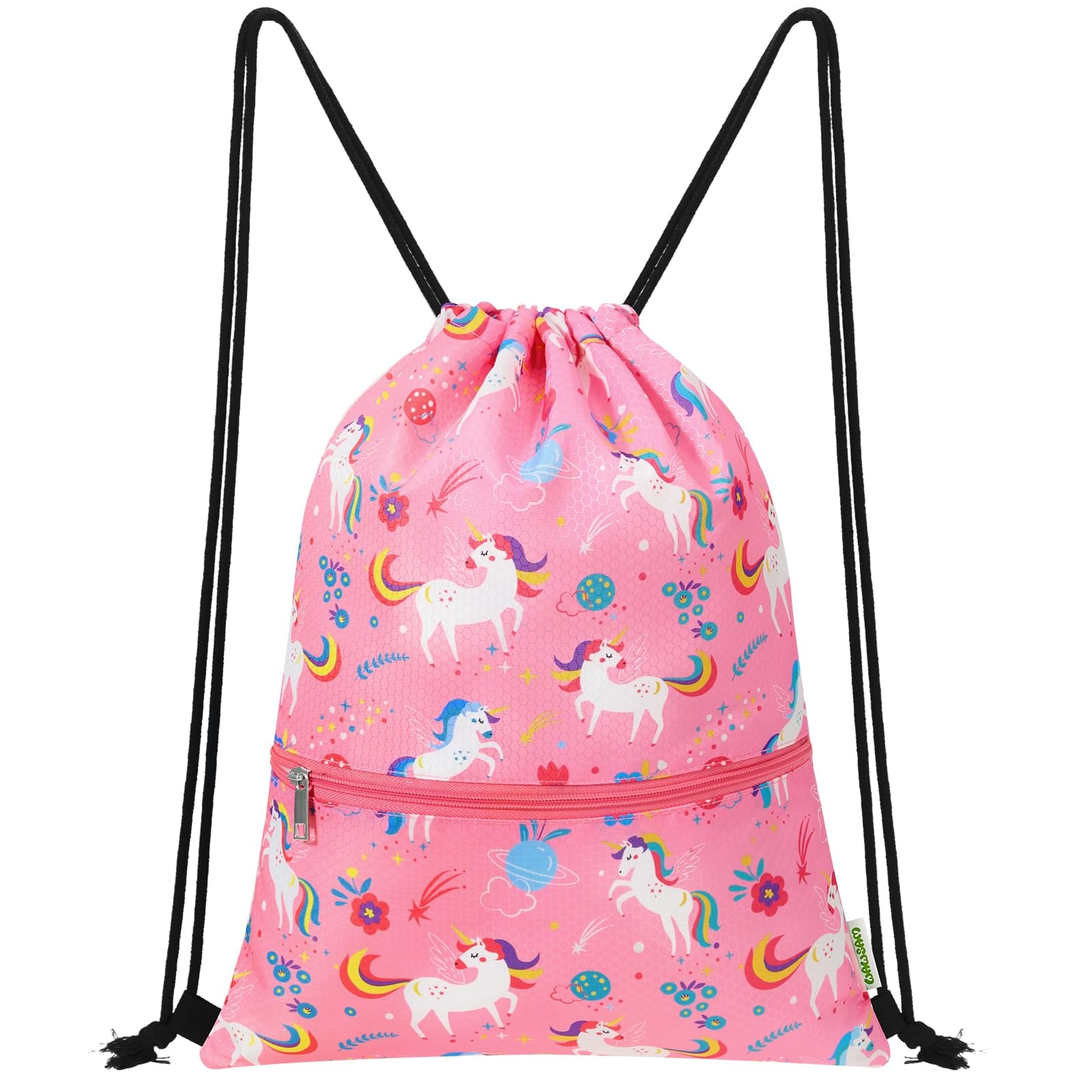 WAWSAM Drawstring Bags for Kids, Unicorn Gym Bag for Girls, Waterproof Gym Swim Bag for Swimming Beach String Cinch Backpack, Back to School Birthday Gift with Zippered Pocket