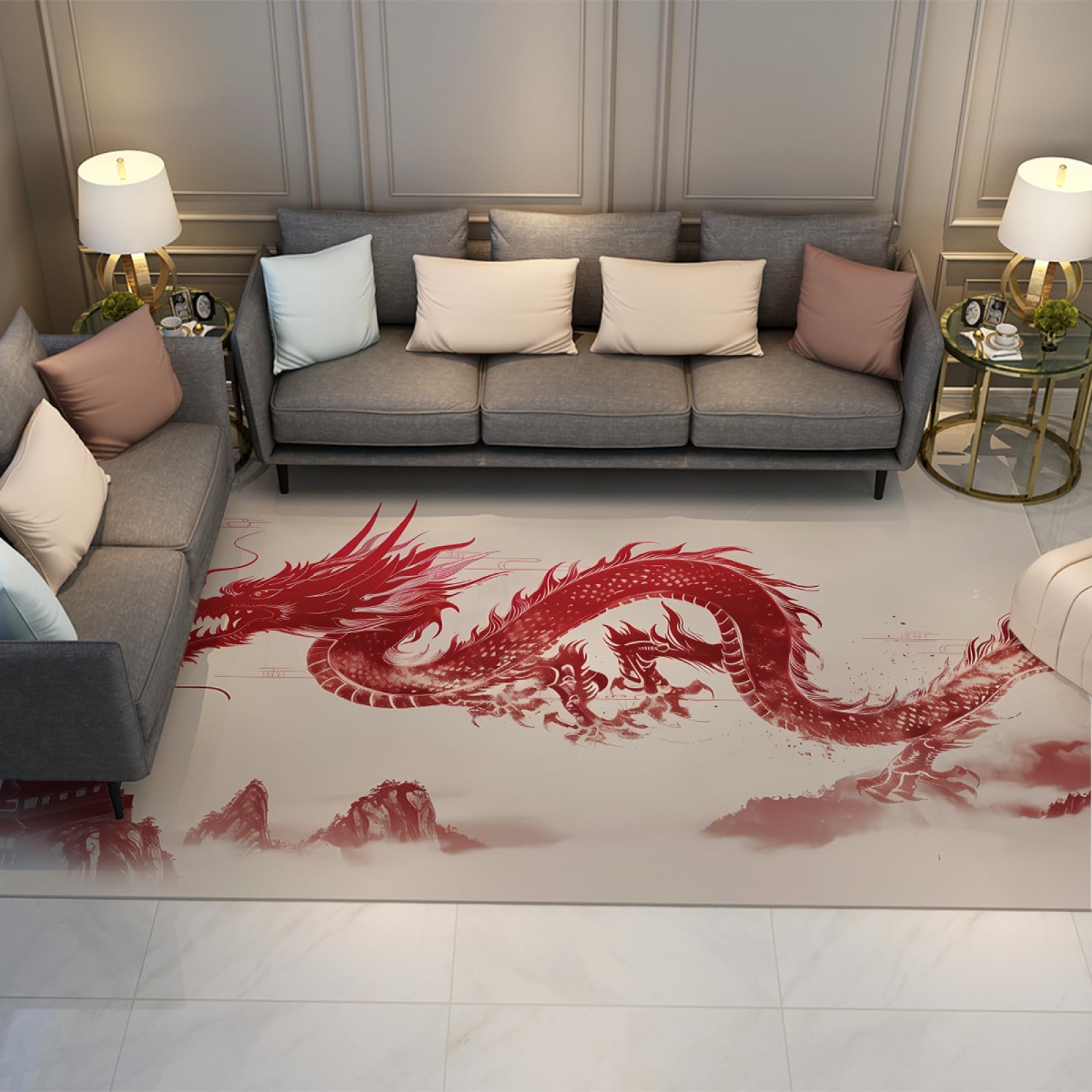 Tappeto Red Dragon 60x120cm Arte del taglio della carta vintage asiatica Tappeto giapponese Dragon per soggiorno Camera da letto Tappetino antiscivolo di facile manutenzione