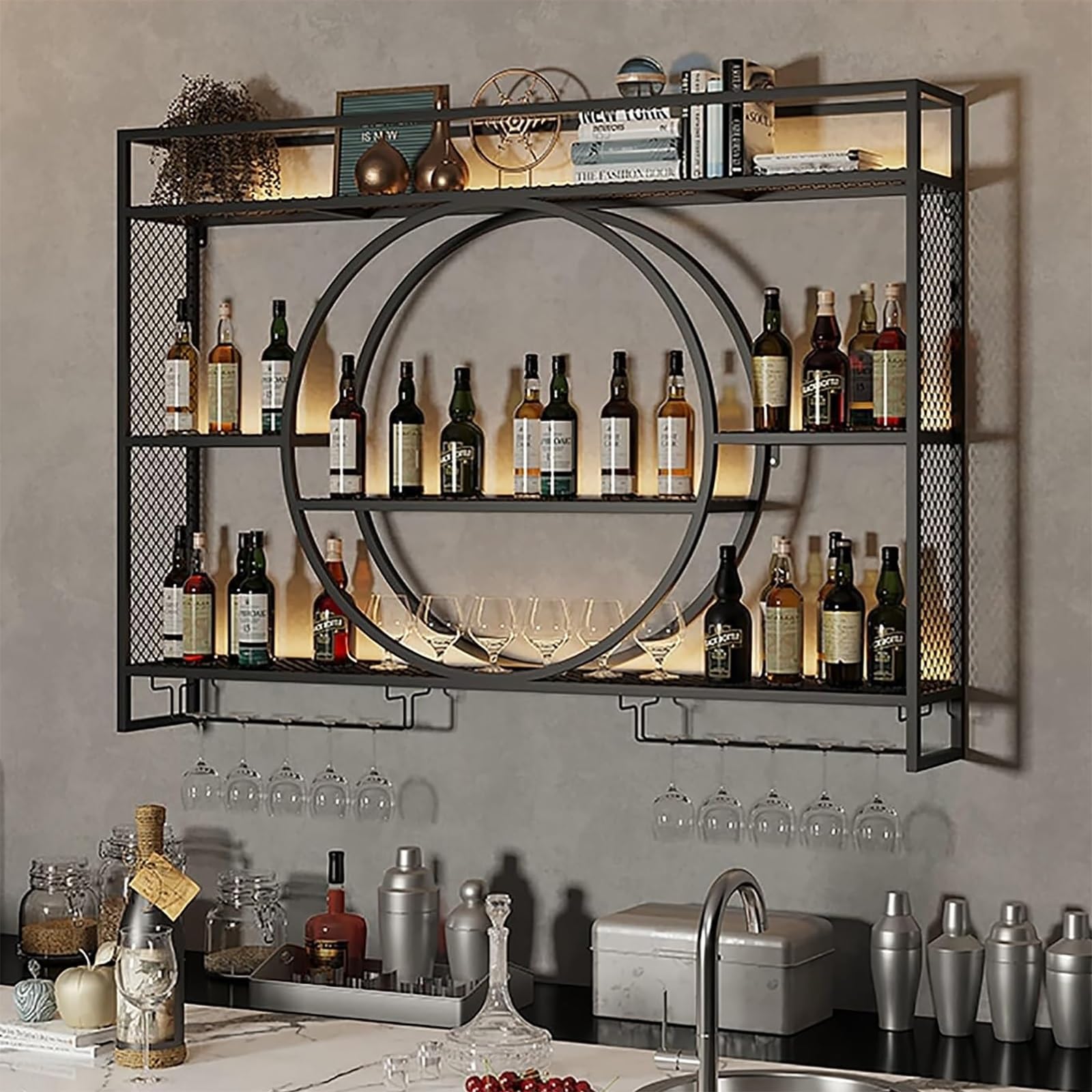 Mensole Portabottiglie in vetro a parete con barra luminosa a LED per liquori e bar, espositore per bottiglie per casa, bar, cucina, organizer, decorazione