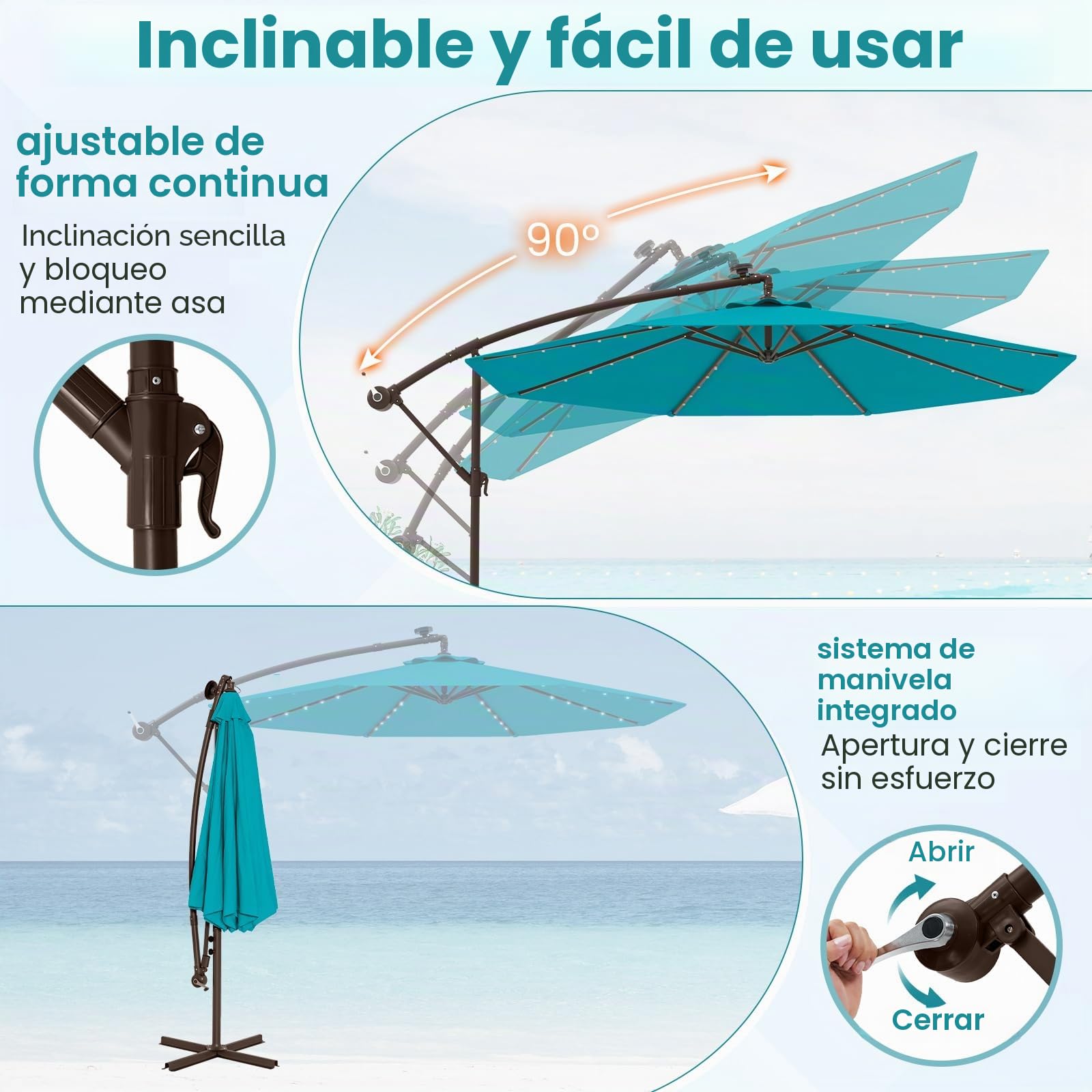 RELAX4LIFE Sombrilla Terraza 3x3m con 40 Luces LED Solar, Sombrilla Inclinable con Base en Cruz, Manivela Manual y 2 Sacos de Arena, Protección Solar, Parasol para Jardín, Terraza y Patio