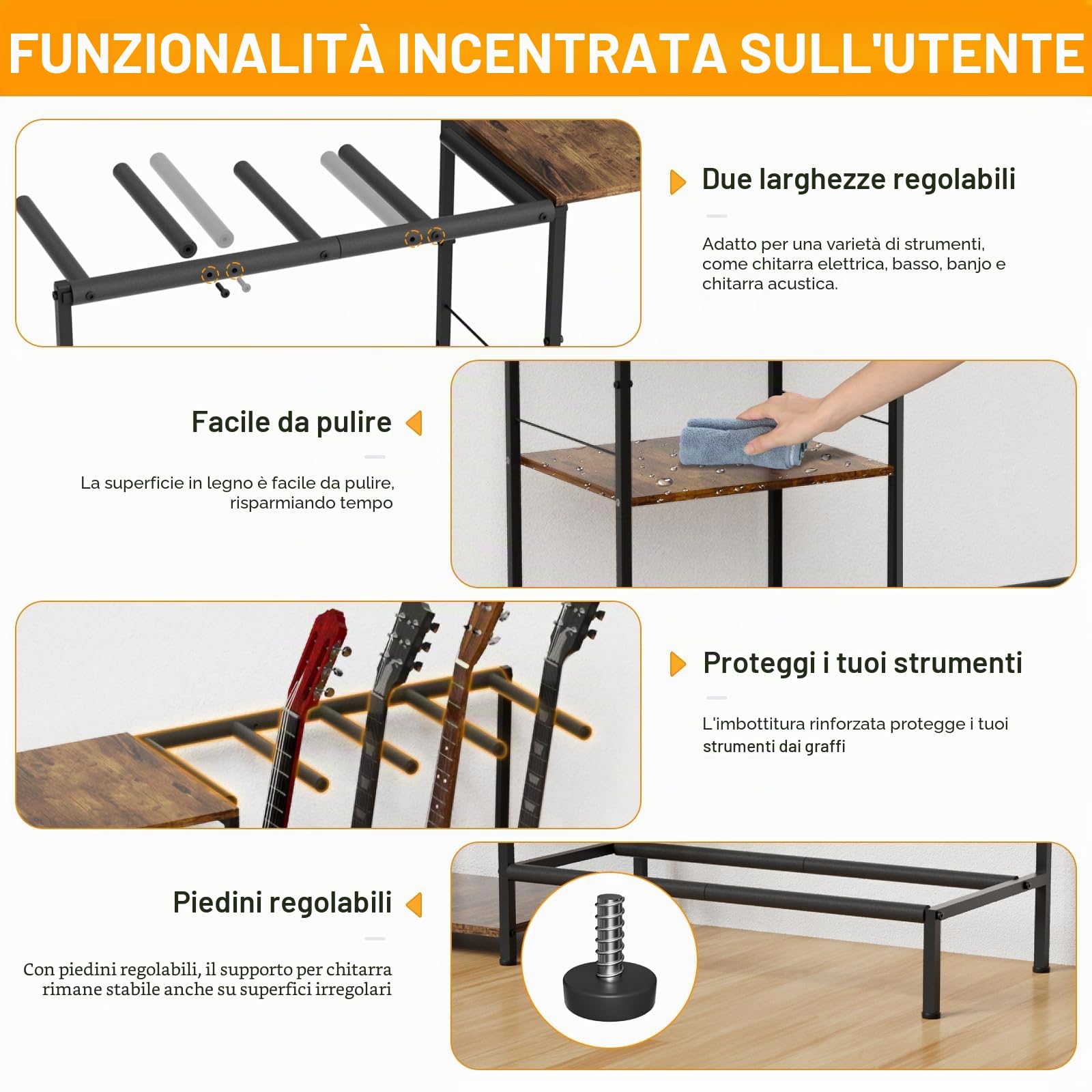 Supporto per chitarra, a 3 ripiani, per chitarra acustica, chitarra elettrica, basso, regolabile, multi display per chitarra, sala musica, studio domestico con ripiano, accessori per