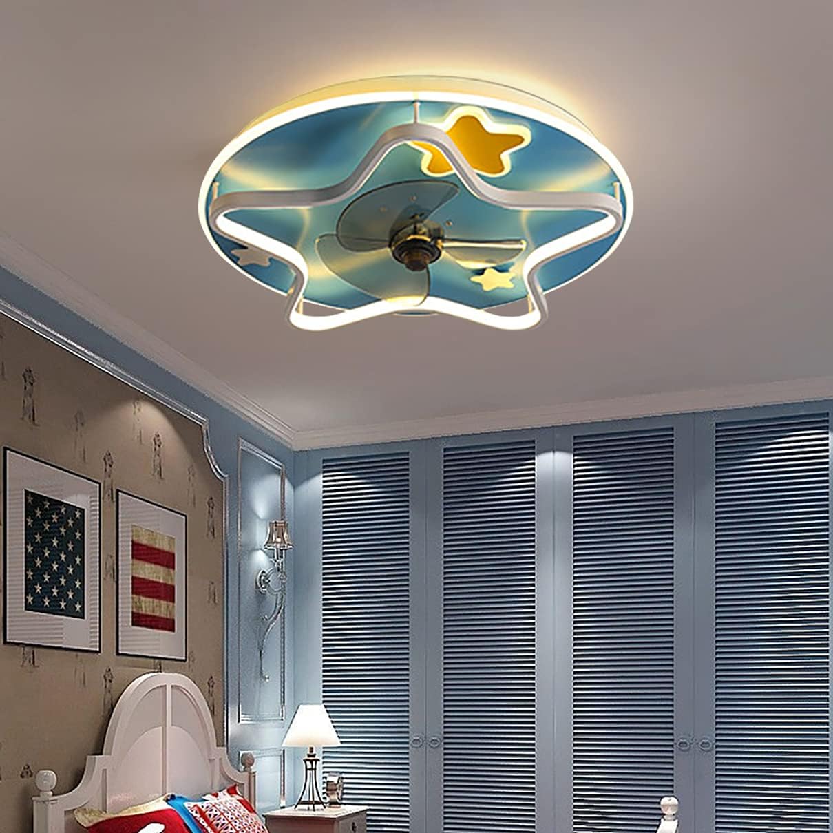 YUEGOO Ceiling Fans with Lamps,Led Kids Ceiling Fan with Light and Remote Control Silent 3 Speeds Bedroom Dimmable Fan Ceiling Light with Timer Ultra-Thin Modern Living Room/Blue