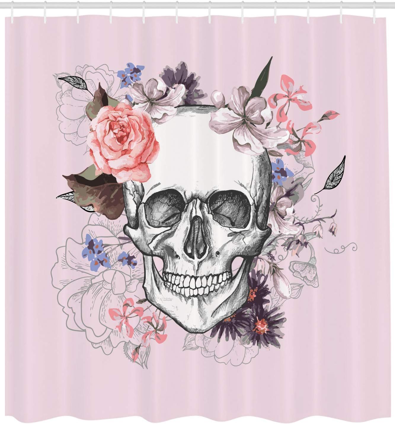 Ambesonne Skull Shower Curtain, Skull and Blooms Ceremony Celebrating Art Design Vintage Print, Cloth Fabric Bathroom Decor Set with Hooks, 69" W x 70" L, Pink Salmon