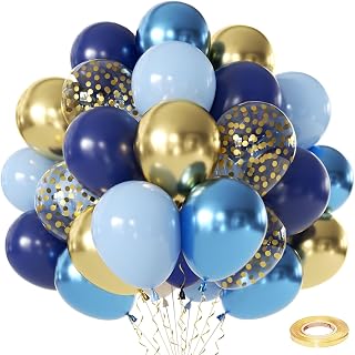 Navy Blue Gold Balloons, 60PCS 12 Inch Pastel Blue Balloons Includes Pearl Light Dark Blue Blue Metallic Gold Confetti Balloons for Wedding Graduation Bridal Shower Birthday Party Decorations.