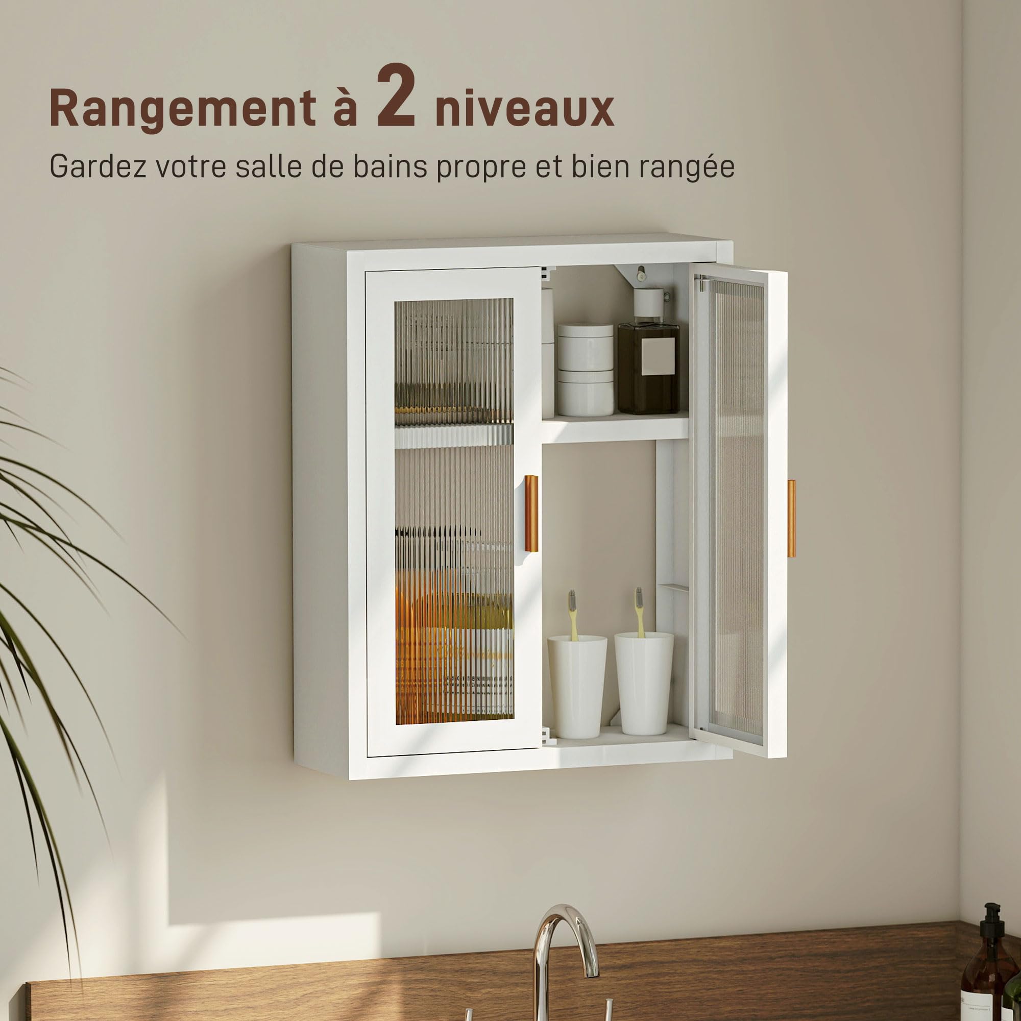 HOMCOM Armoire Murale de Salle de Bain métale, 40 x 14 x 50 cm, Meuble de Rangement Suspendu avec 2 Portes cannelées en Acrylique et étagère réglable, Métal, Blanc