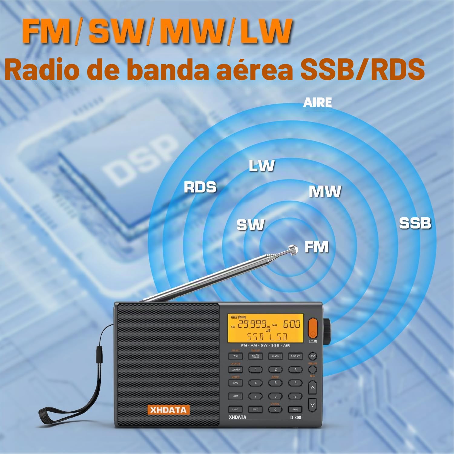 XHDATA D-808 Radio Digital Portátil FM estéreo/SW/MW/LW SSB RDS Banda Aérea Altavoz de Radio con Pantalla LCD Reloj de Alarma Antena Externa y Batería Recargable(Gris)