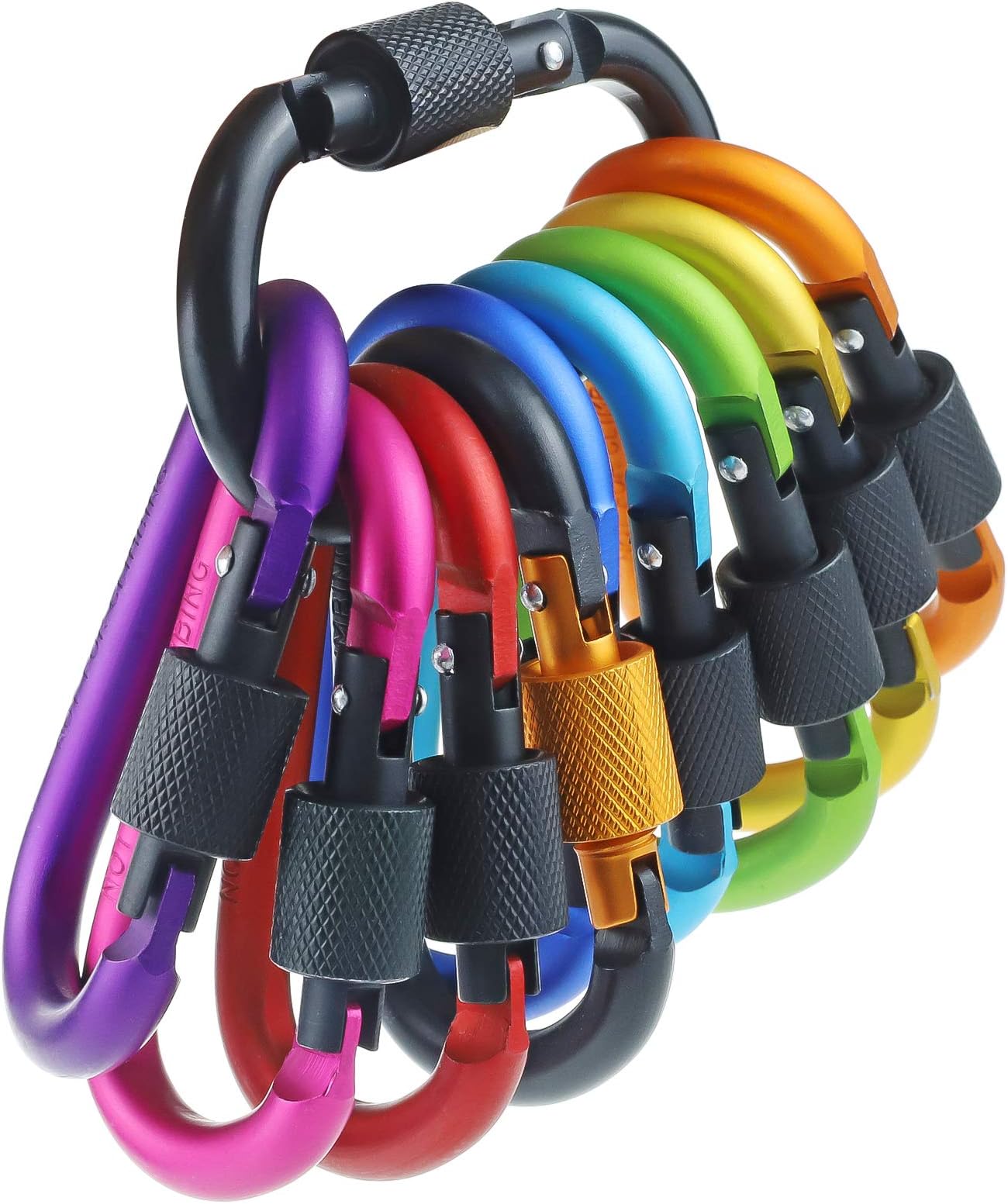 10 Pack Aluminum D Ring Key Rings Hiking Clips Locking Carabiner for Hiking Camping Fishing and Outdoor Use，Clips with Screw Gate