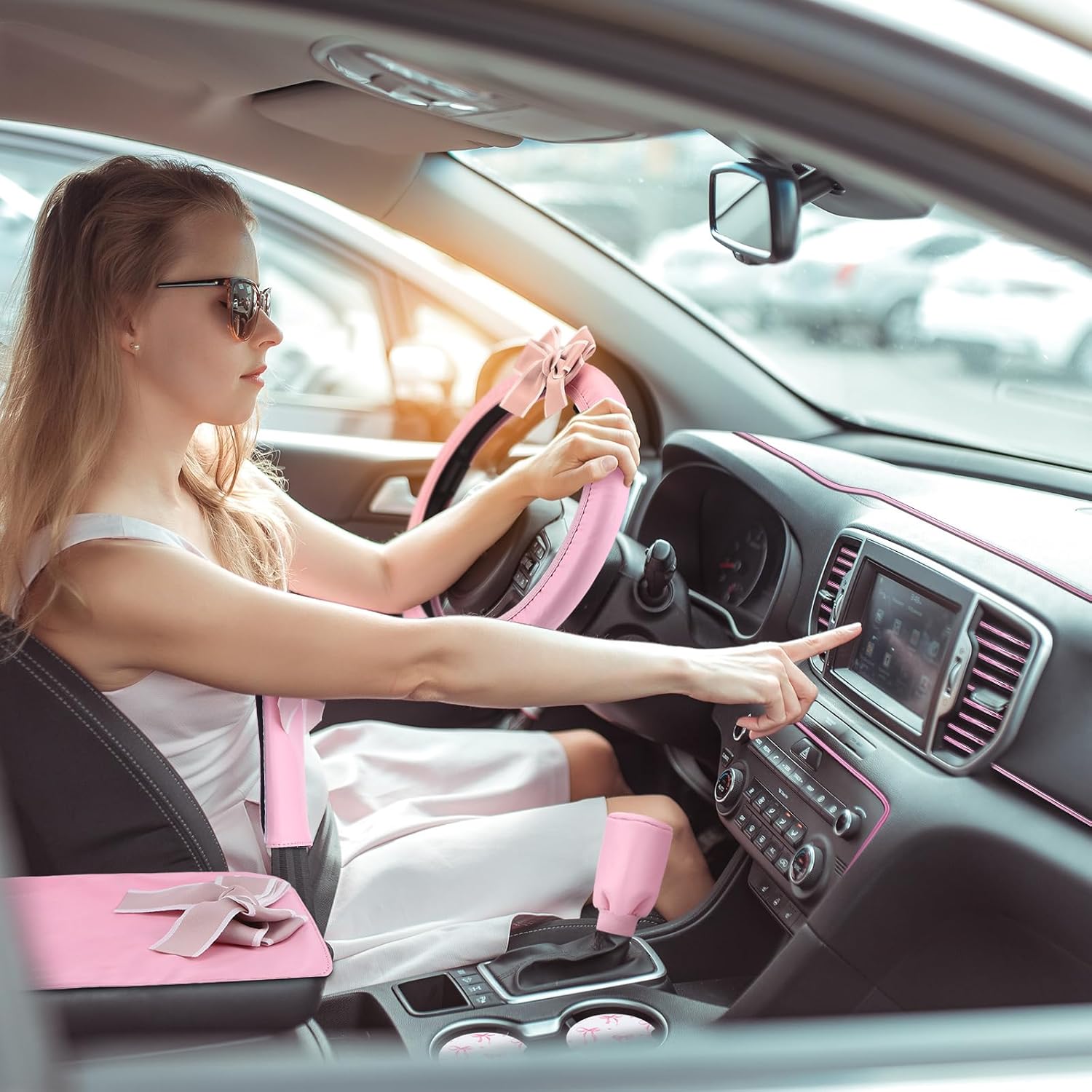 24 Pcs Pink Bow Car Seat Cover Full Set for Front Rear Seat Pink Leather Steering Wheel Cover Safe Belt Decor Car Coaster Bow Hook Air Vent Clip Automotive Air Conditioner Decoration Strip
