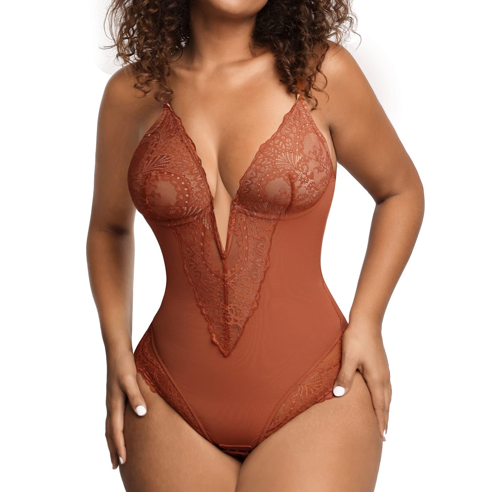 Popilush Lace Shapewear Bodysuit Tummy Control Corset Tops V Neck Sleeveless Backless Body Suit Thongs