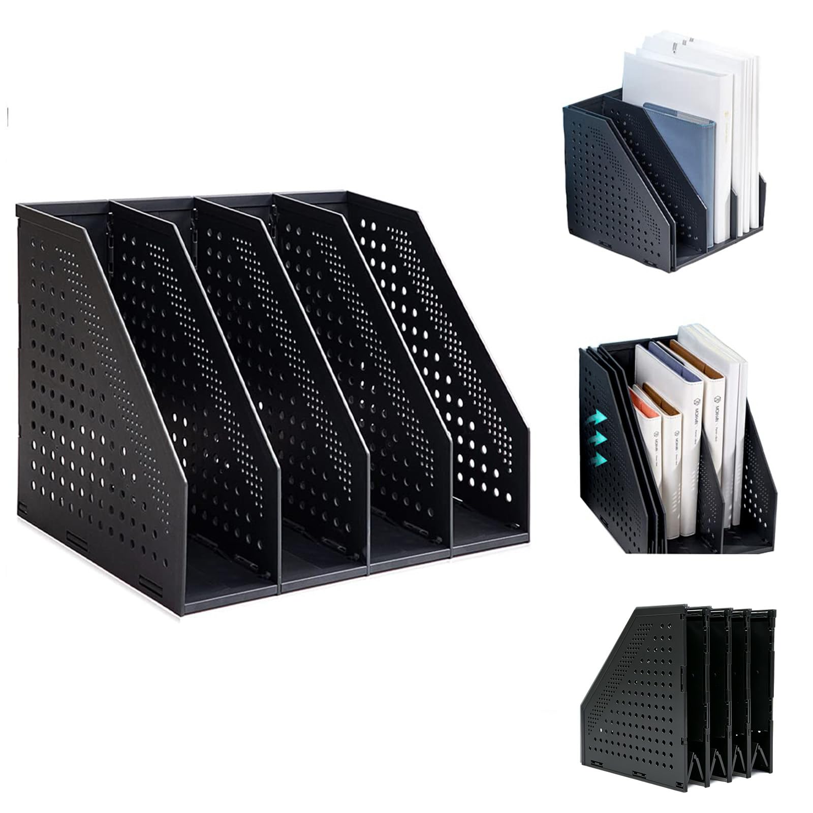 Marte Vanci Collapsible Magazine File Holder with 4 Vertical Compartments, Binder Holder for Desk, Desktop Binder Organizer for Notebook, Documents, Book, School Office Supplies(Black)