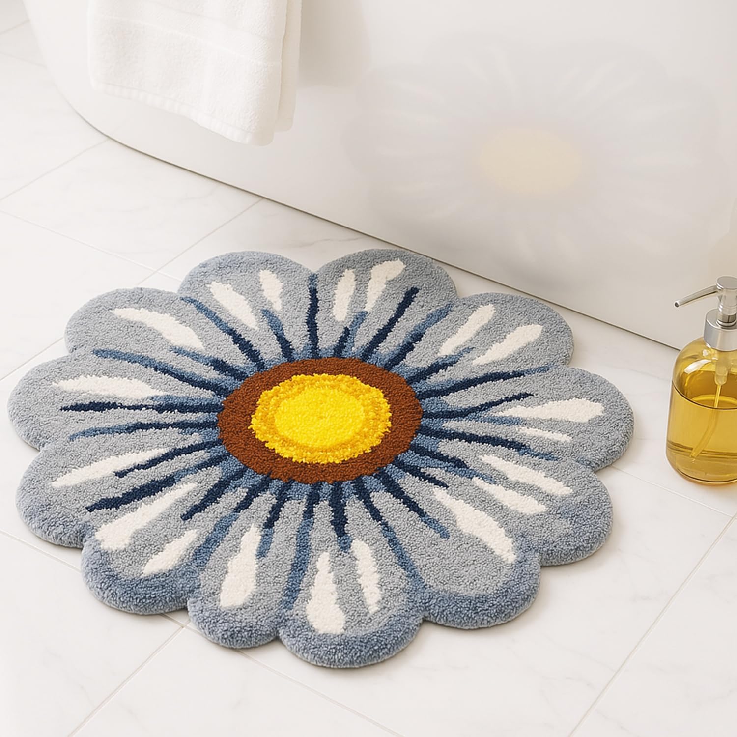 Feblilac Gray Flowers Bath Rug, Floral Mat for Bathroom Cute Plant Non-Slip Floor Mats, Washable Microfiber Carpet for Living Room Home Fast Dry Area