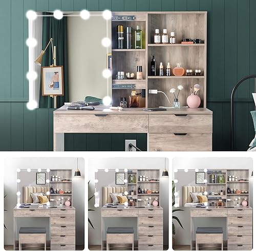 Miniatura 3 de Karl home Vanity Desk with Charge Station, 6-Drawer Makeup Vanity Table, Makeup Desk with Adjustable Brightness and Sliding Mirror for