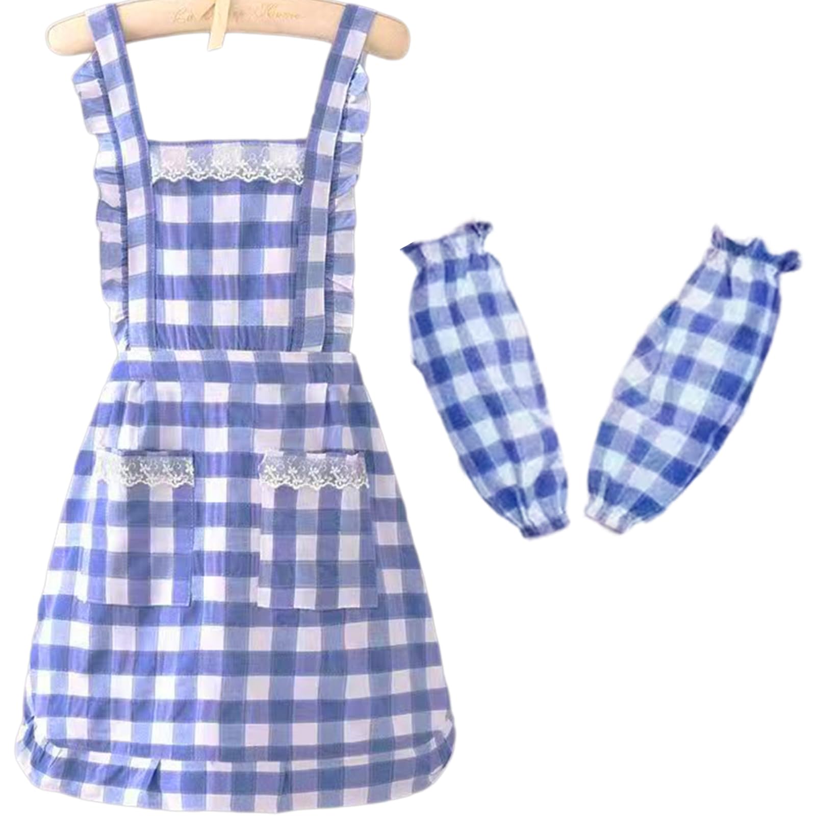Practical Blue Checkered Kitchen Apron and Oversleeves Breathable Polyester Cotton Apron for Home and Commercial Use Detachable Sleeve Breathable Blue Checkered Poly Cotton Design for Cooking Baking