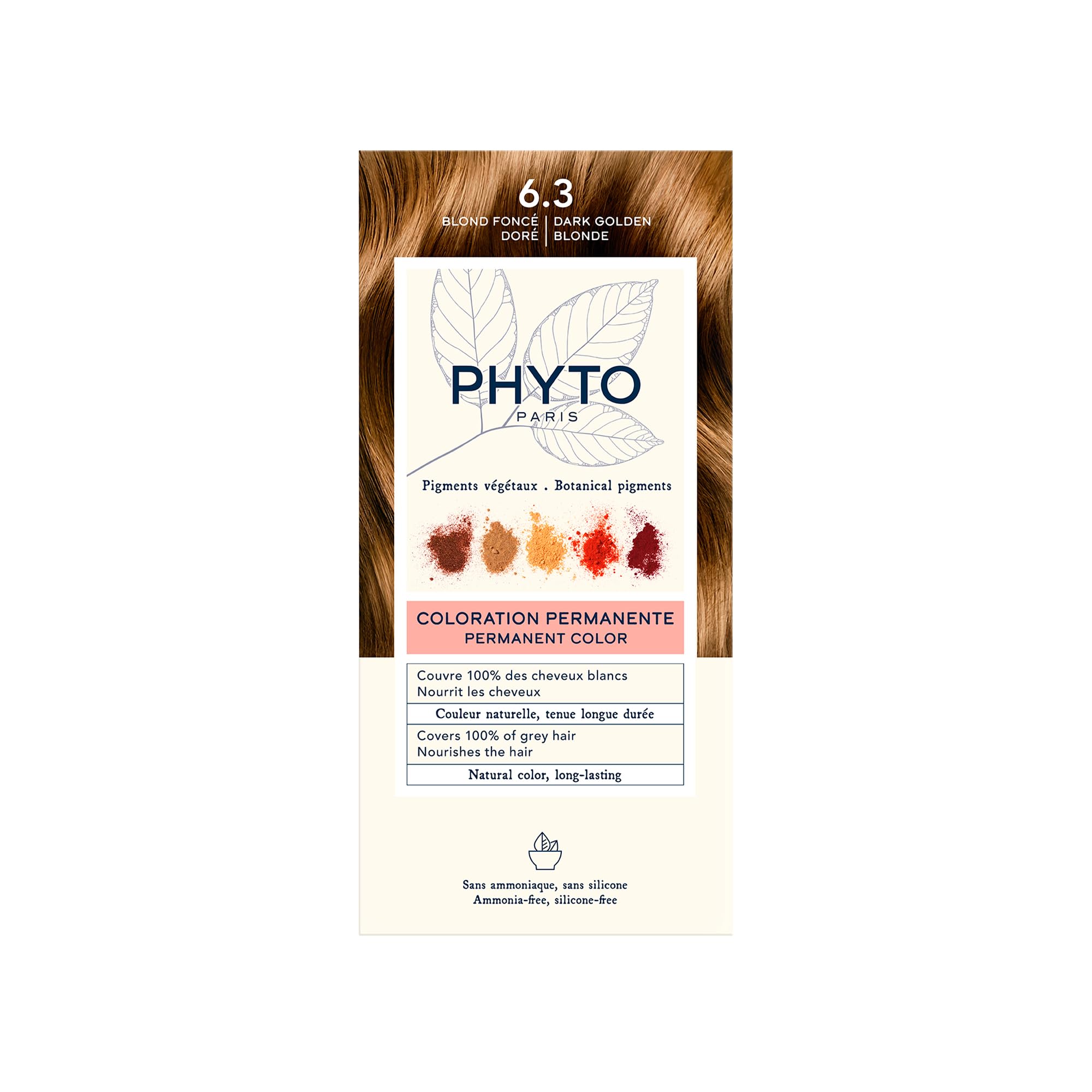 Phytocolor Permanent Natural Hair Color 6.3 Dark Golden Blonde with Botanical Pigments, 100% Grey Hair Coverage, Ammonia-free, PPD-free, Silicone-free