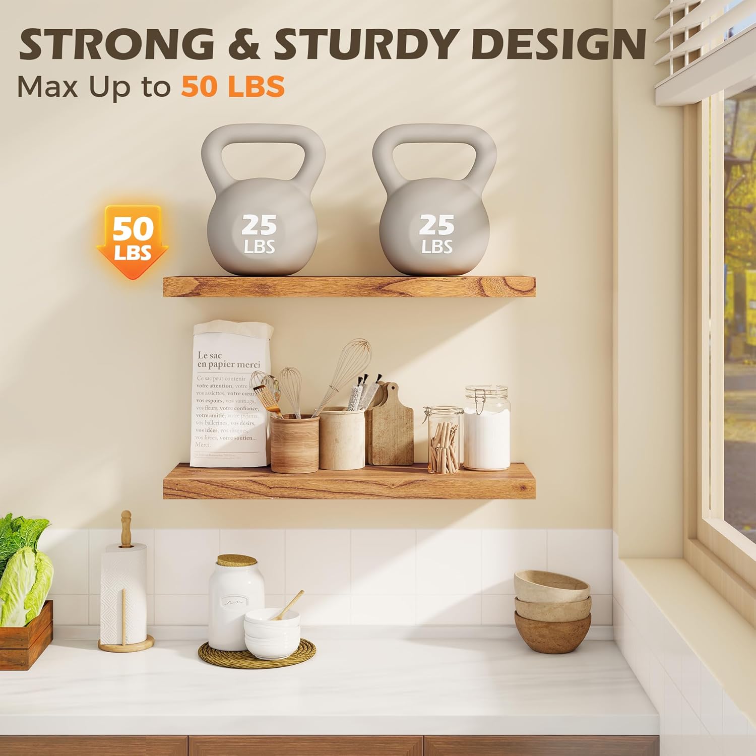 30 Inch Floating Shelves for Wall, 8"D High End Solid Hardwood Shelves for Decor Storage, Rustic Wall Shelves with Invisible Heavy Duty Brackets for Living Room, Kitchen, Bathroom, Natural, 2 Pack