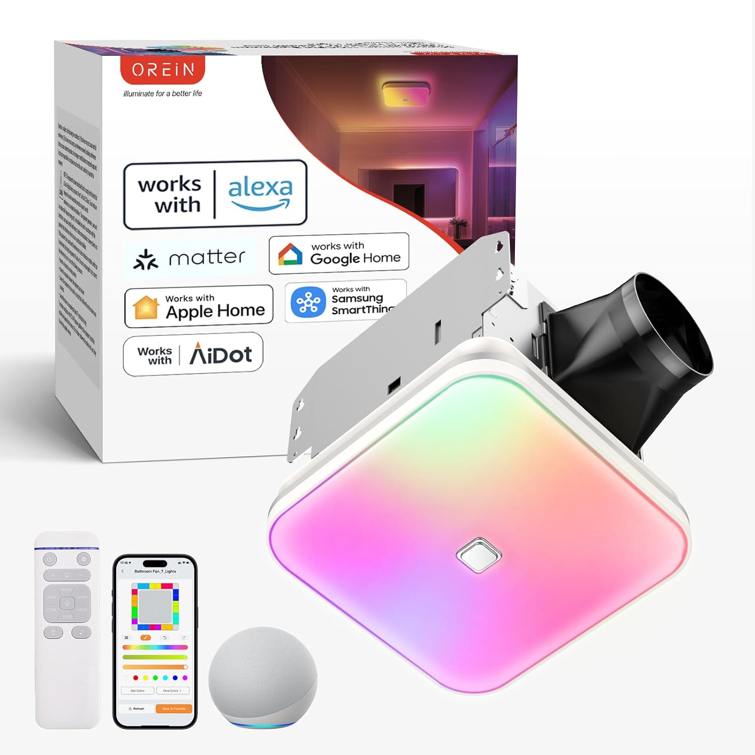 OREiN Matter Smart Bathroom Exhaust Fan with Light, 110 CFM Quiet Bathroom Fan, Tunable White 2700K–6500K & RGB Mood Lighting, Easy Installation, Remote Control, No Speaker, Works with Alexa & Google