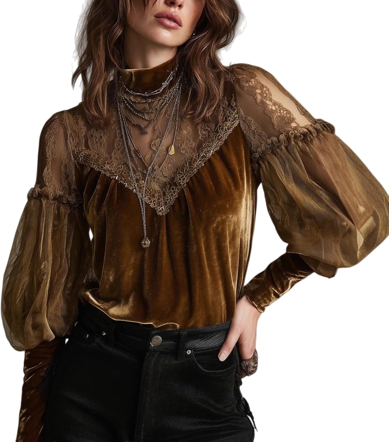 Women's Retro Gold Velvet Lace Patchwork Balloon Sleeve Blouse Velvet Top Puff Long Sleeve Fall Elegant Vintage Dressy Blouse