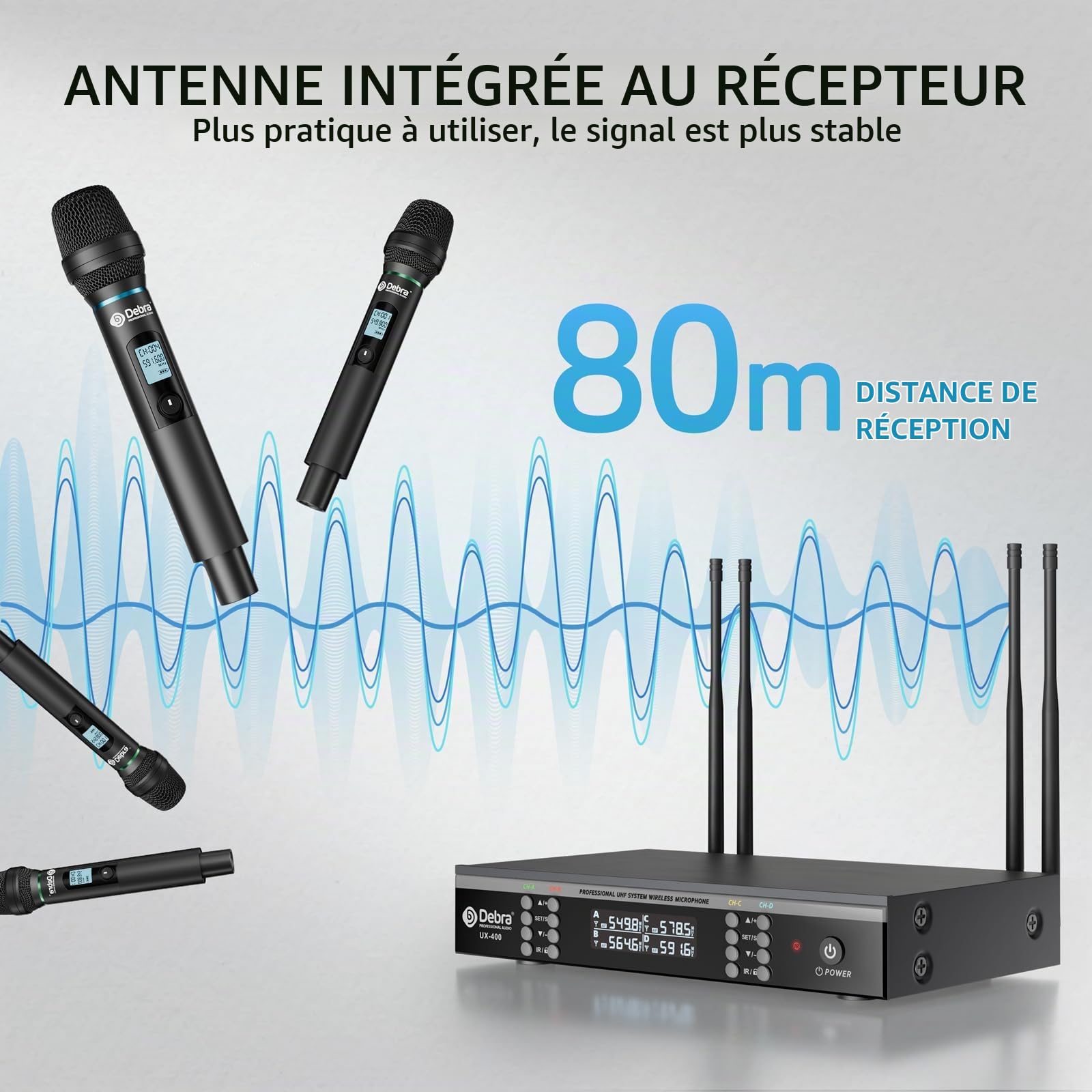 D Debra UX-400 Micros sans Fil UHF, 4 Canaux Rechargeables Scène Karaoké
