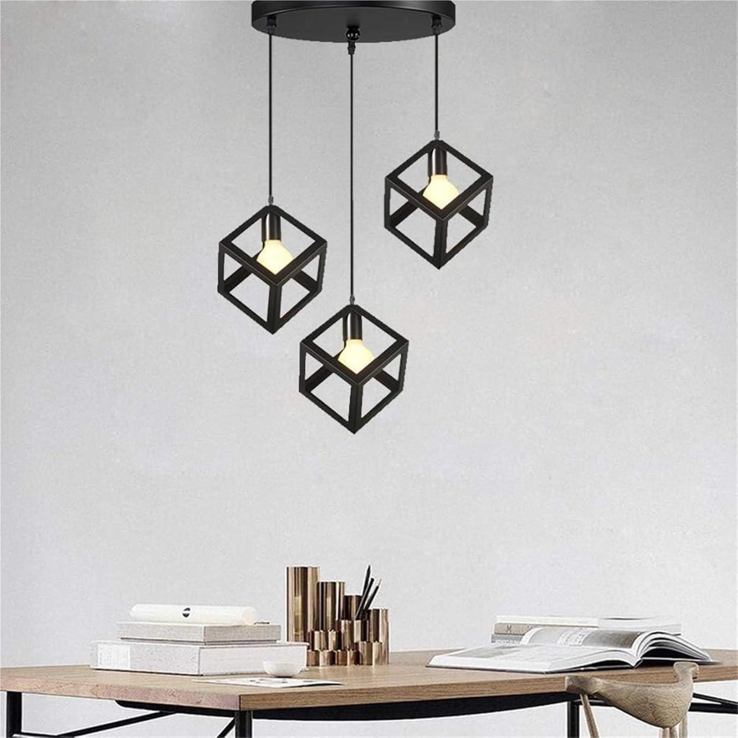 Plafoniera a 3 Teste in Metallo Nero, lampadari con Paralume Industriale, Lampada a Sospensione Moderna, Creativa, Regolabile in Altezza, a Forma di cubo, per Soggiorno, Sala da pr