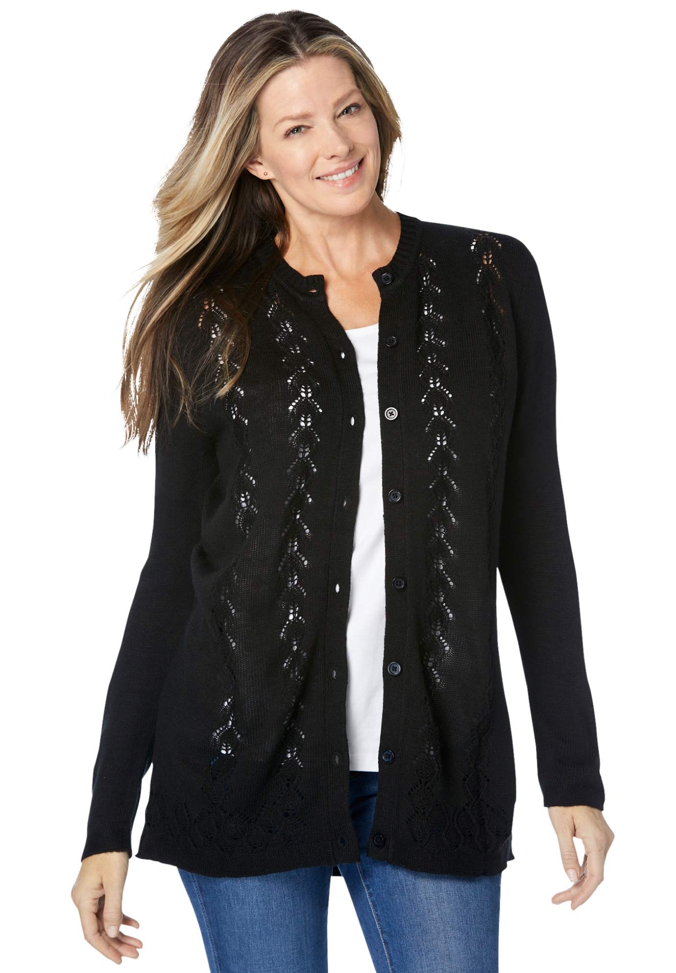 Woman Within Plus Size Long-Sleeve Pointelle Cardigan