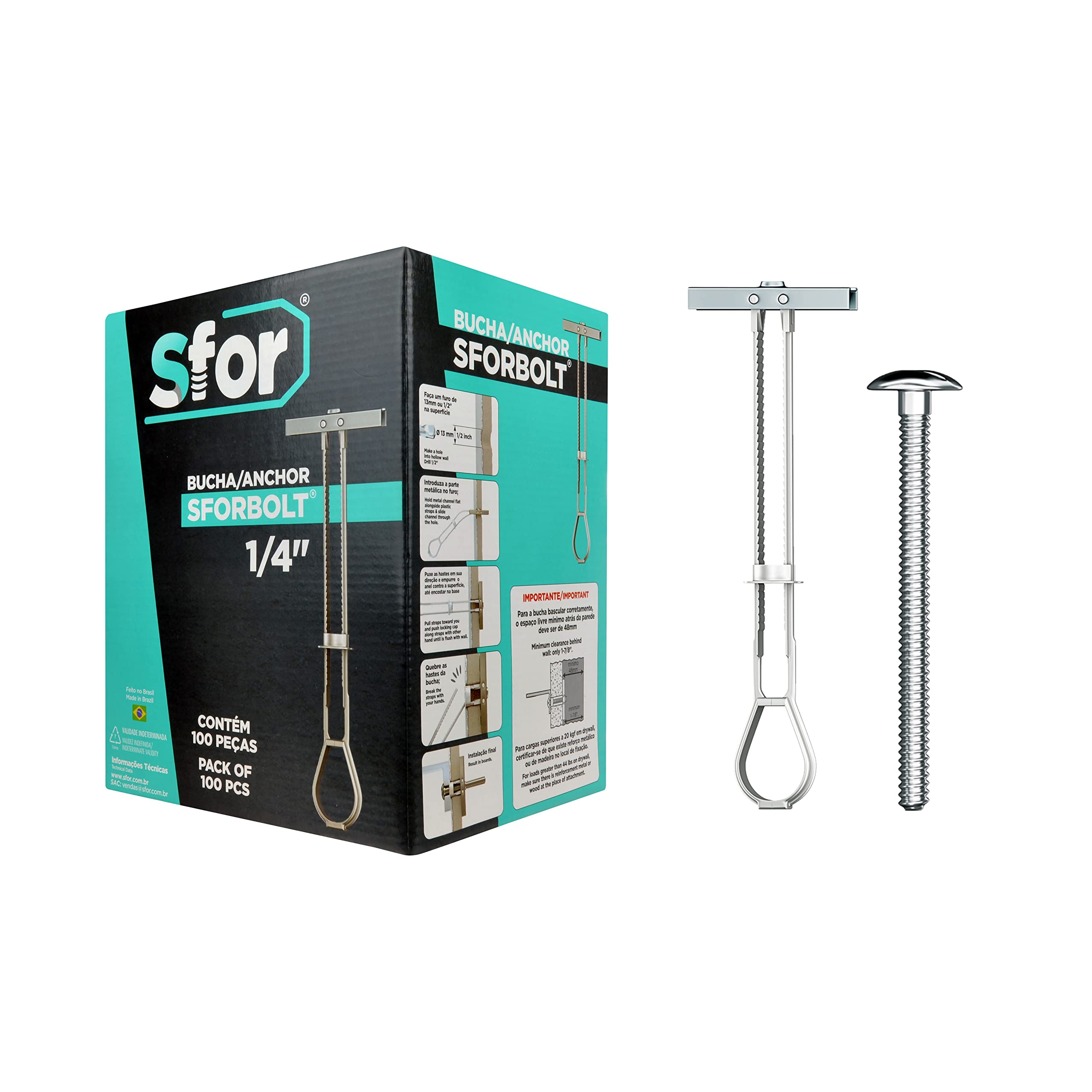 (Pack of 200) - 100 Anchors + 100 Bolts - Sfor -1/4" Heavy-Duty Drywall Anchors with Phillips Self Tapping Bolts