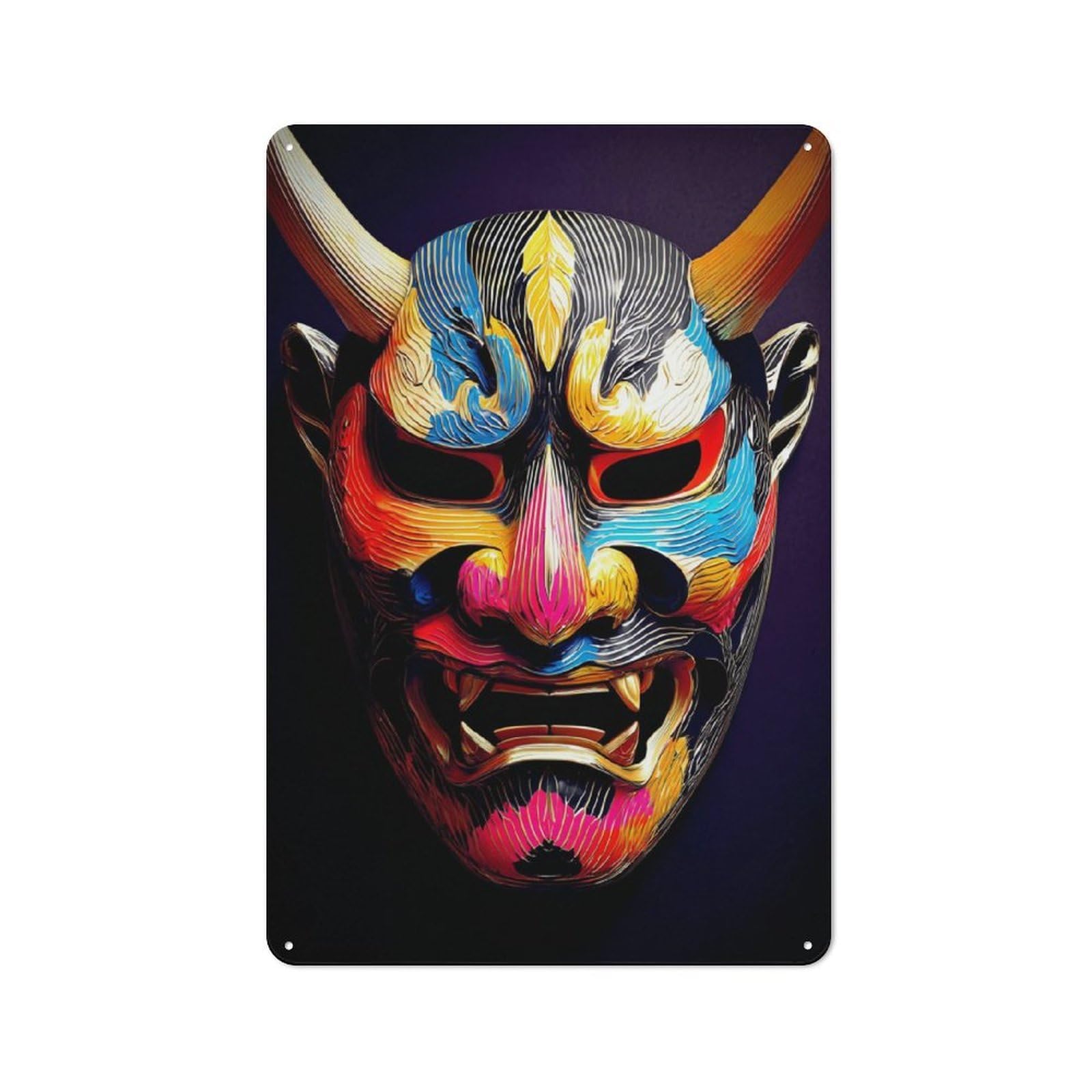 Junmoney Colorful Demon Mask Artwork-2 30X20cm Rustic Metal Plaque With For Café Or Restaurant, For Themed Interiors In Cafés And Restaurants