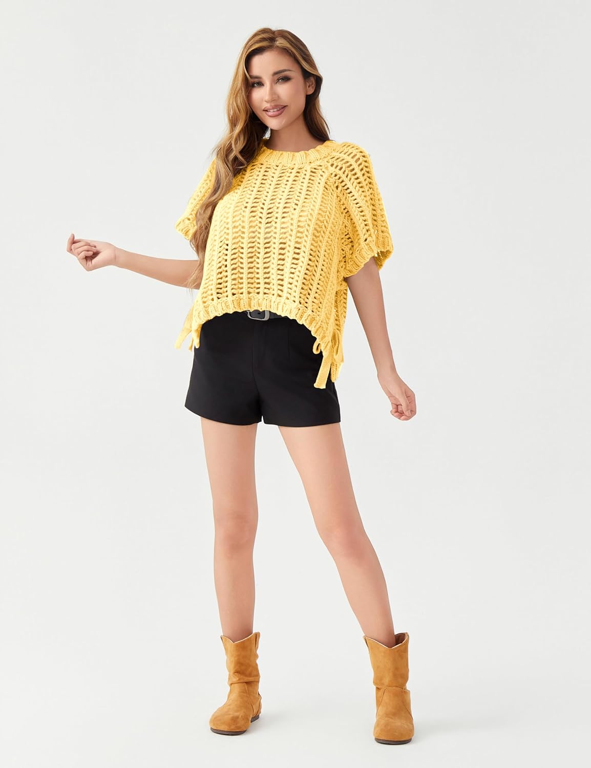 Womens Crochet Knit Sweater Vest Crop Top Cute Loose Fit Short Sleeve Side Bow Tie Hollow Out Pullover Tank Tops - Image 3