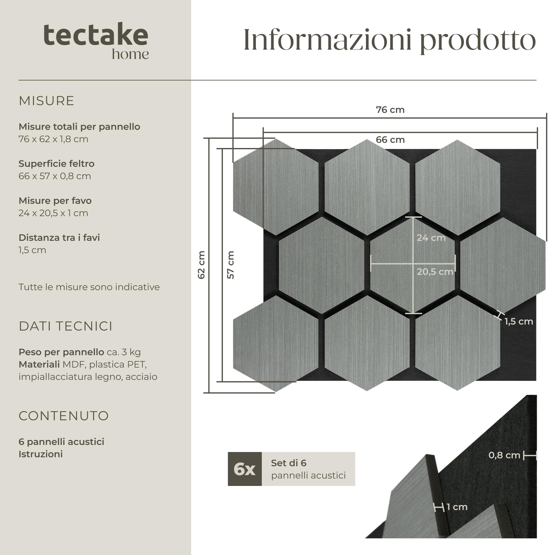 tectake® Set da 6 Pannelli Fonoassorbenti legno, 76 x 62 cm, Pannelli Decorativi per Pareti, Effetto Legno, MDF e Feltro, Assorbimento Acustico, Design Esagonale, Monta Facile - Rovere Grigio Chiaro