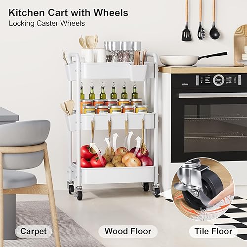 Miniatura 4 de Carrito de metal con ruedas de 3 niveles, organizador blanco de tres niveles para manualidades, carritos de almacenamiento para arte, guardería de