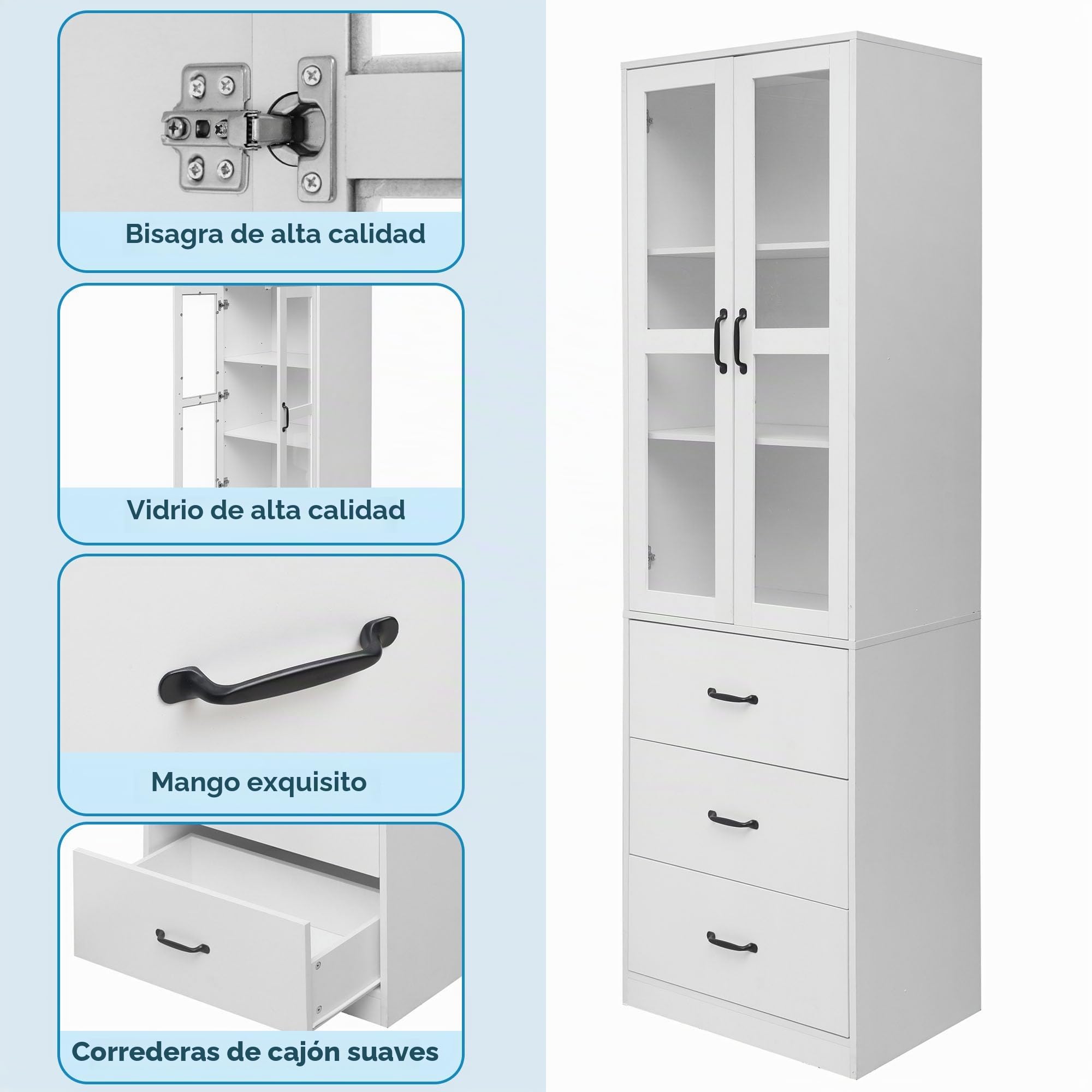 Vitrina blanca 200 cm, 3 cajones, 2 divisores móviles, 2 puertas de cristal, iluminación LED - adición elegante