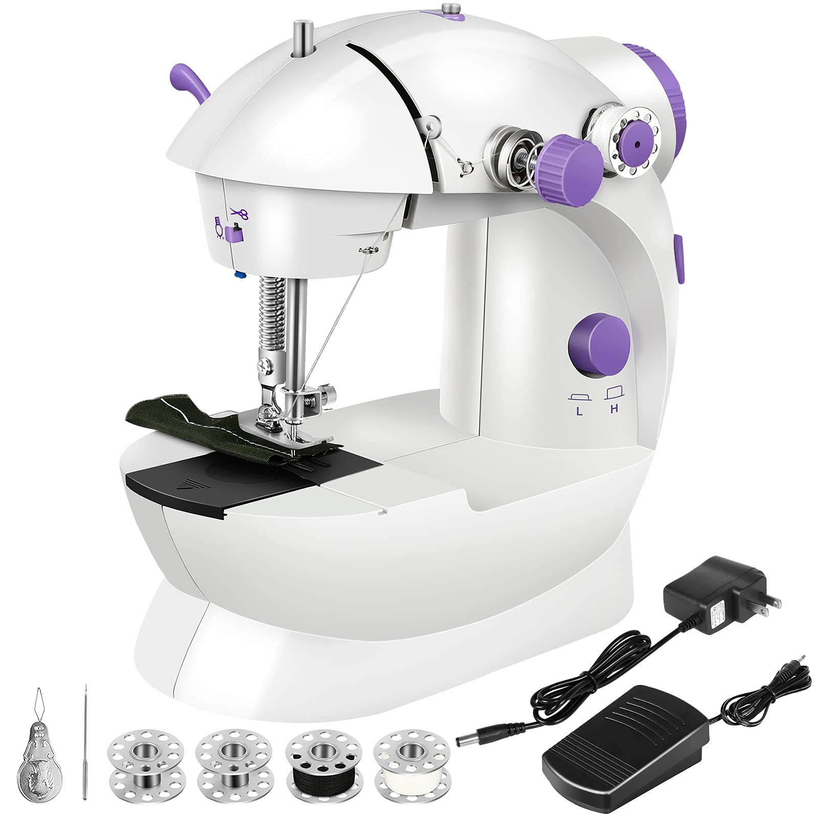 Sewing Machine Mini Portable Eco-Friendly Material Electric Dual Speed with Lamp Sewing Kit Needle Protector Foot Pedal Adjustable Double Thread Crafting For Beginners Adult