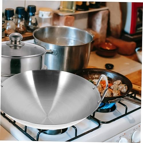 Miniatura 5 de STOBAZA Wok de acero inoxidable con parte inferior plana, sartén japonesa para saltear wok con tapa, sartén de acero inoxidable, sartén para pow