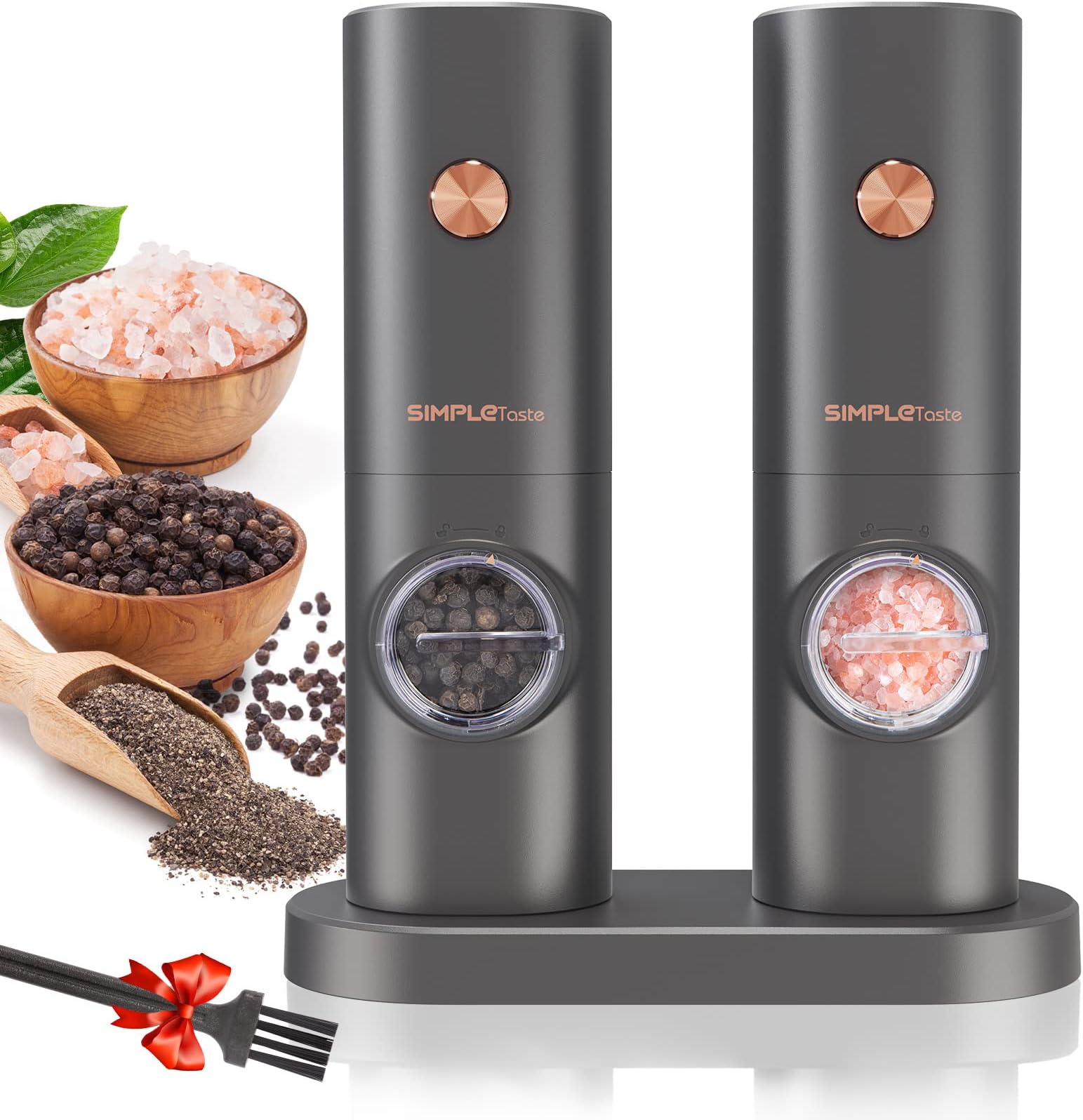 Electric Salt and Pepper Grinder Set with LED Light, Automatic Pepper Mill Shakers with Adjustable Coarseness, One Hand Operation for Kitchen, Dining, Gifting, Space Gray, Battery Operated
